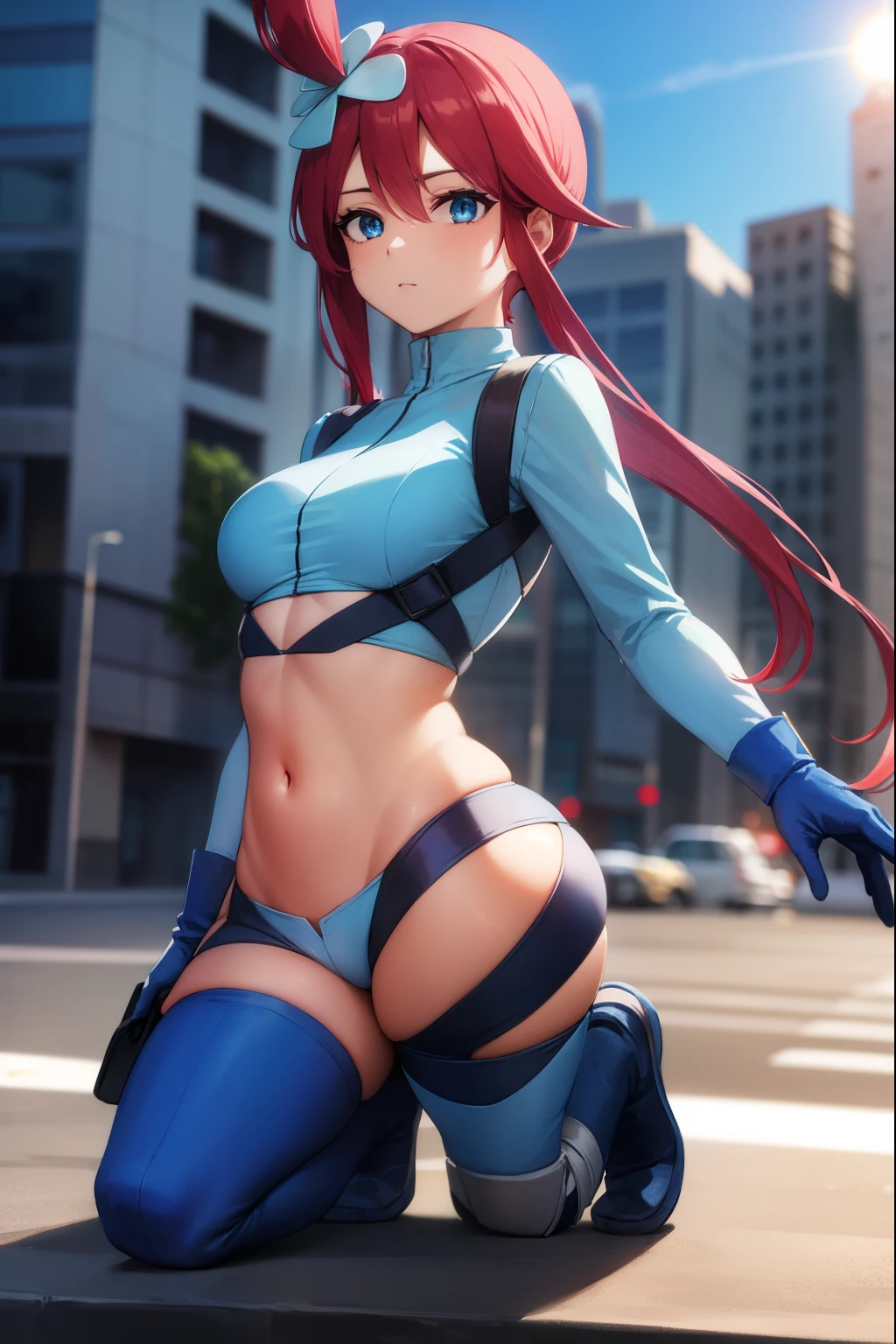 pokemonskyla, pokemonskyla, blue eyes, hair ornament, one side up, red hair, short hair with long locks, sidelocks,
BREAK blue footwear, blue gloves, blue jacket, blue shorts, boots, crop top, cropped jacket, gloves, jacket, midriff, navel, short shorts, shorts, thigh pouch,
BREAK looking at viewer, upper body, full body,
BREAK outdoors, city, sky, sun,
BREAK (masterpiece:1.2), best quality, high resolution, unity 8k wallpaper, (illustration:0.8), (beautiful detailed eyes:1.6), extremely detailed face, perfect lighting, extremely detailed CG, (perfect hands, perfect anatomy),