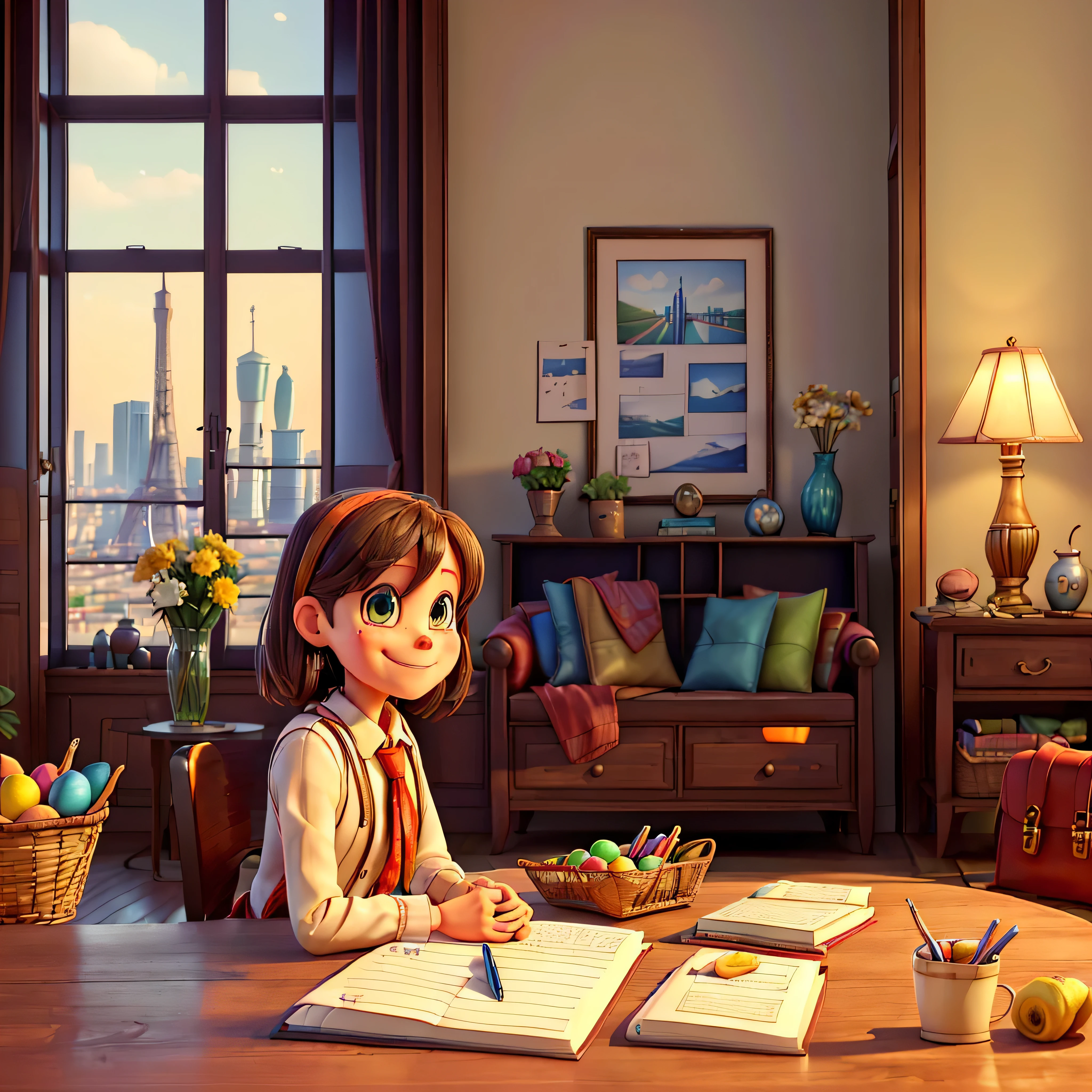 (epic Masterpiece, ultra highest quality, ulra highest resolution, ulra high-definition, distinct_image, very elaborate CG, cinematic lighting, ray tracing, drop shadows, detailed detail, (photorealistic: 1.4), ultra high quality textures, fine-grained, realistic face expression): (lone girl, face is Japan, brown short hair, small size breasts, sparkling eyes, Eye level shot, happy smile, beauty, slim body, holiday, own room, console game, computer, display, keyboard, mouse, long leather skirt, collared shirt, leather vest, handgun holder, carrying leather bag on your back, long boots, antique radio, coffee, model train, bookshelf, spacious yellowchair, Pots, fans, paintings, stuffed animals, ties, notebooks, stationery, vases, photo frames, letters, fountain pens, calendars, lamps, cushions, baskets, mirrors reflecting in profile, candles, telephone, fruit, newspapers, sweets, city Eiffel view outside the window frog) varied multi etc. --v6 --s1000 --c20 --q5 --chaos100