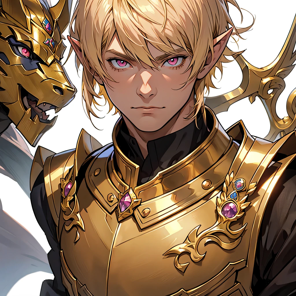 medieval anime art, masterpiece, best quality, by professional artist, 1man, male, solo, upper body portrait, detailed composition, detailed eyes, detailed hair, white background, elf, blond hair, bowl cut, golden royal knight armor, pink eyes