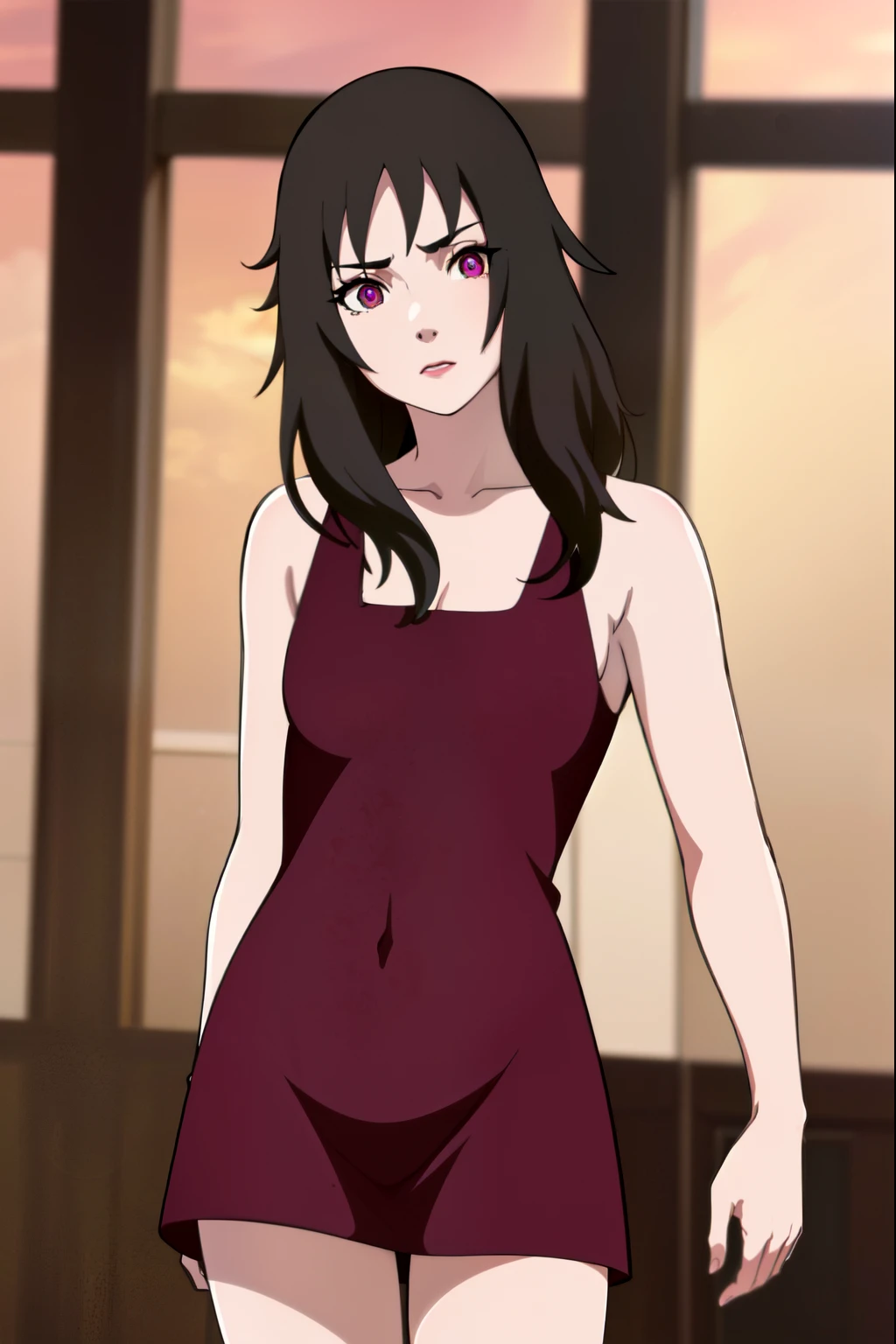 kurenai, kurenai, pelo largo, pelo negro, (ojos rojos:1.5), constituir, lipstick,
ROMPER dress, escote, vestido rojo, sin mangas,
ROMPER looking at viewer, cuerpo completo, (tiro de vaquero:1.5),
ROMPER indoors, cama,
ROMPER (Obra maestra:1.2), Mejor calidad, high resolution, fondo de pantalla de unidad 8k, (illustration:0.8), (hermosos ojos detallados:1.6), cara extremadamente detallada, perfect lighting, CG extremadamente detallado, (manos perfectas, perfect anatomy),