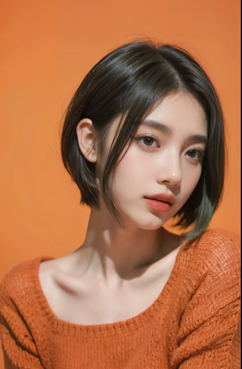 21yo girl, green hair, (Short Hair). Orange background,
