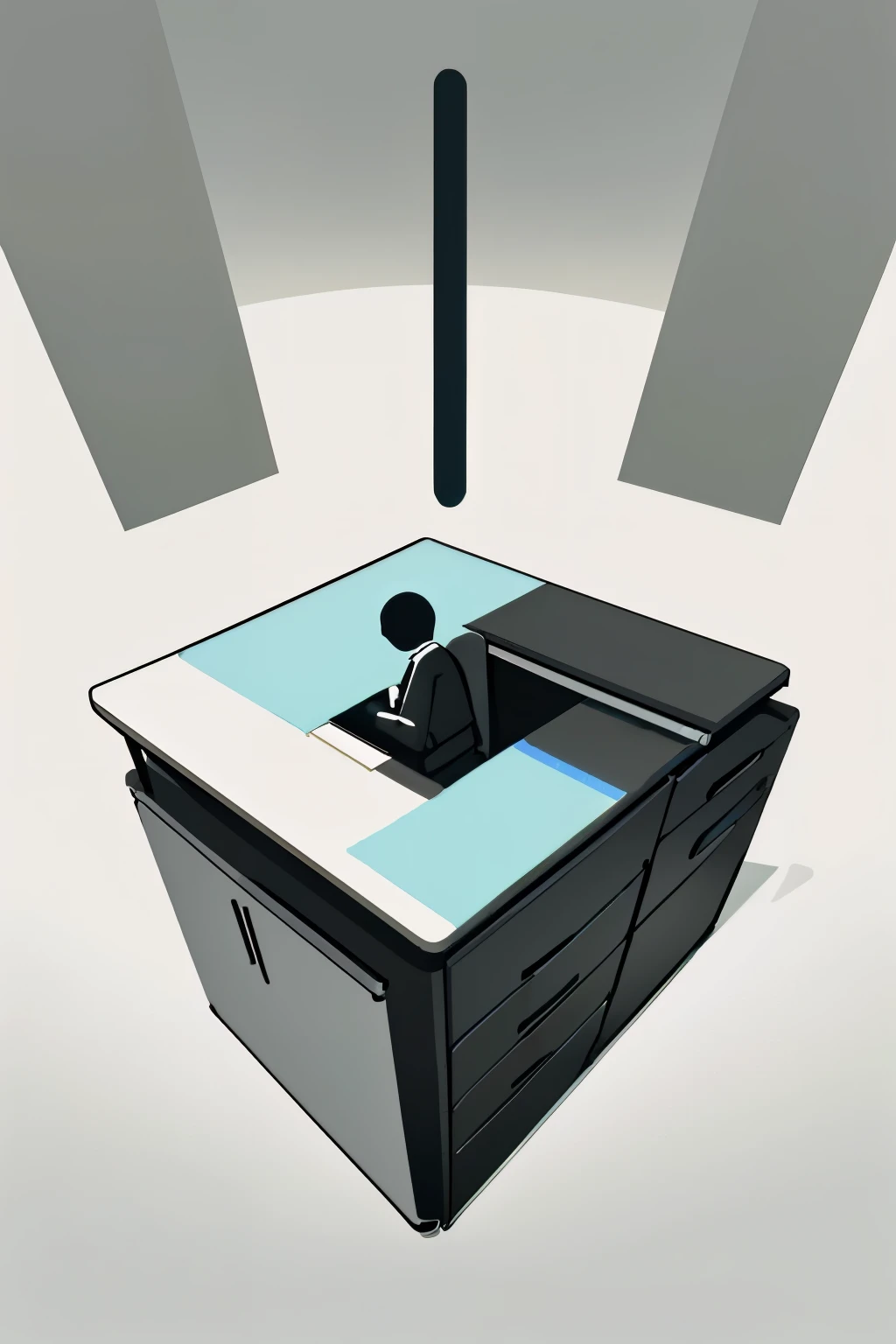 In this 2D vector minimalist corporate style art illustration for an app service, you'll find a task management app taking center stage in a crisp and clean office workspace scene. A faceless worker, a symbol of corporate anonymity, is shown working diligently at their desk. The graphic design is simple and flat, adhering to the minimalist ethos. The calming brown and black color palette adds a sense of professionalism and seriousness to the illustration. The full scene, imbued with beautiful illustration detail, further enhances the app's appeal and functionality.