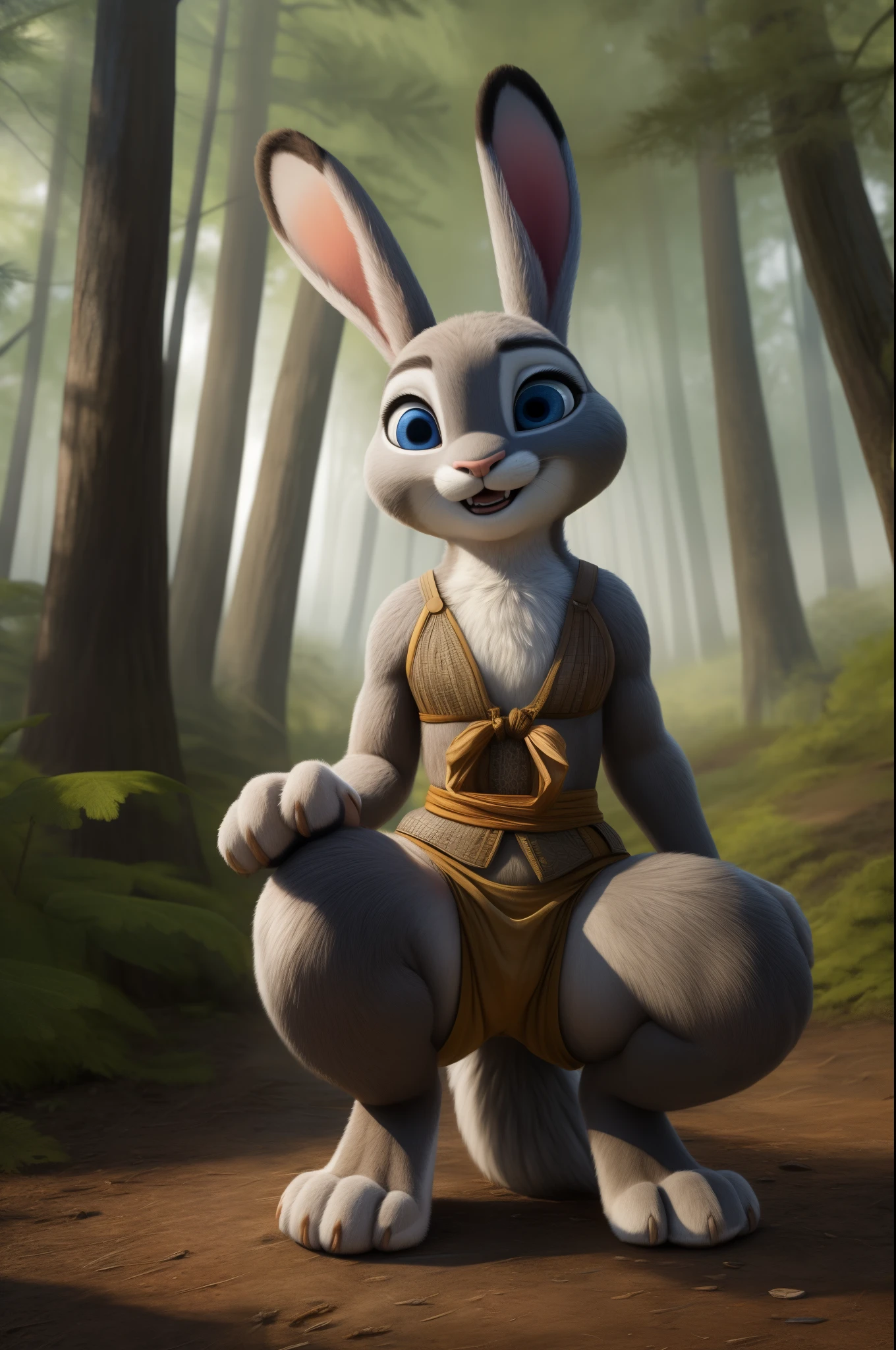 judy hopps,realistic fur,bright blue eyes,masterpiece HIFI,paws pose,thick thighs,thick paws,thin waist,Thick Paws,with indigenous clothing,view crotch,forest
