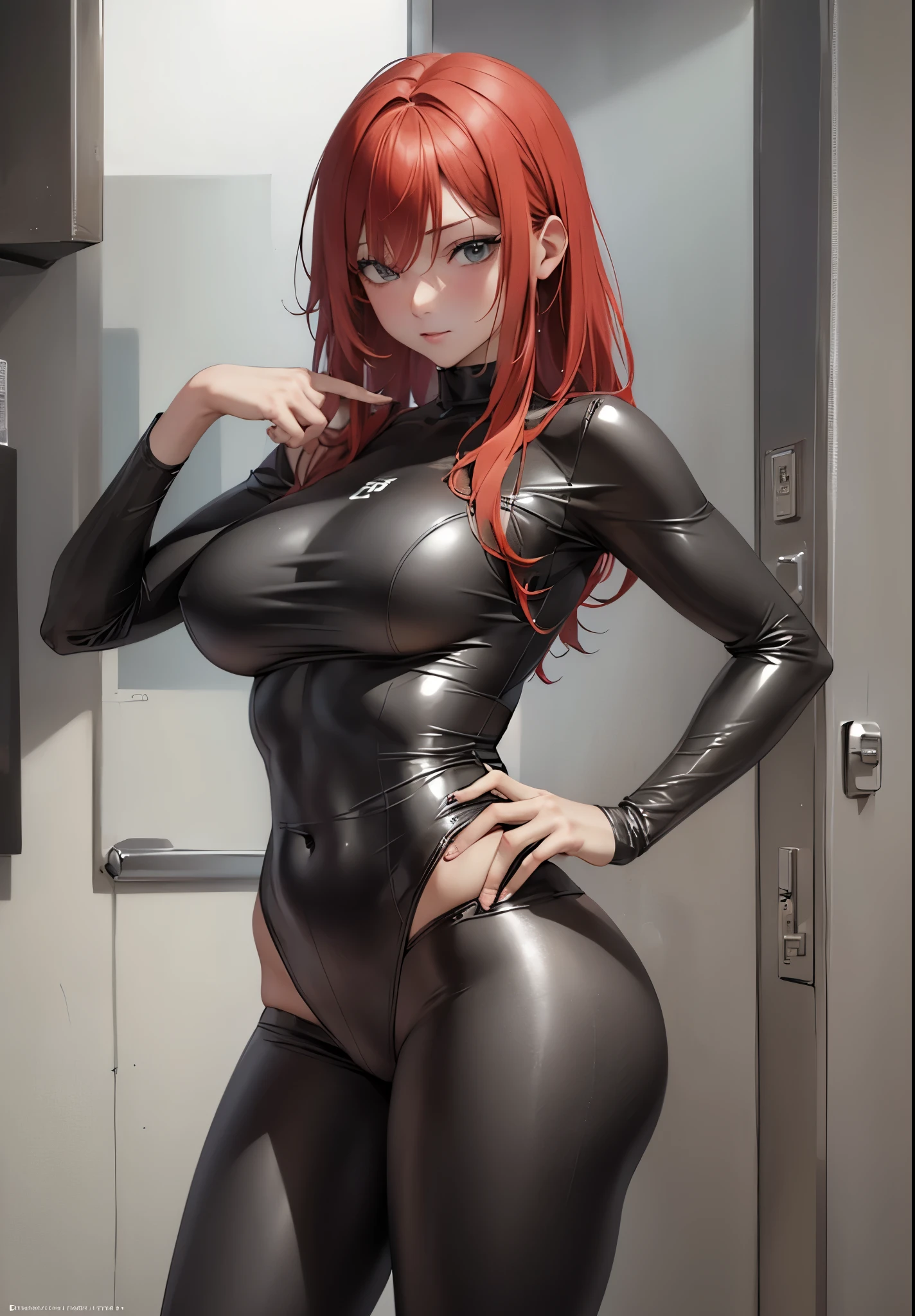 El personaje Makima de la serie de anime Chainsaw Man. high detail, wearing (tight shirt:1.2), beautiful detailed face, red hair, hazel eyes, (attractive fitness woman:1.3), (seductive:1.1), (blushing:1.1), hourglass body shape, complete shiny aerobic black and red latex bodysuit, big round breasts