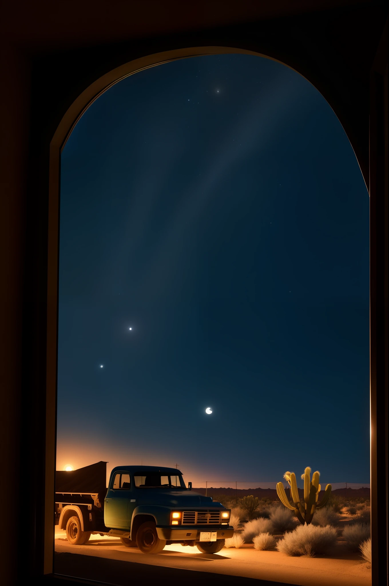 In the quiet and eerie backyard of a suburban home in Las Vegas during the year 2023, a 20-year-old European man is seen looking outside through a very dark, tinted window. The stillness of the night is broken only by the occasional sound of crickets chirping in the distance. The scene is set against the backdrop of an ultra-realistic, dramatic desert environment.
The window reveals a tableau of large, shadowy bushes illuminated by the faint glow of the moon. In the distance, the silhouette of a parked truck can be made out, its headlights casting eerie reflections on the glass. To the left of the