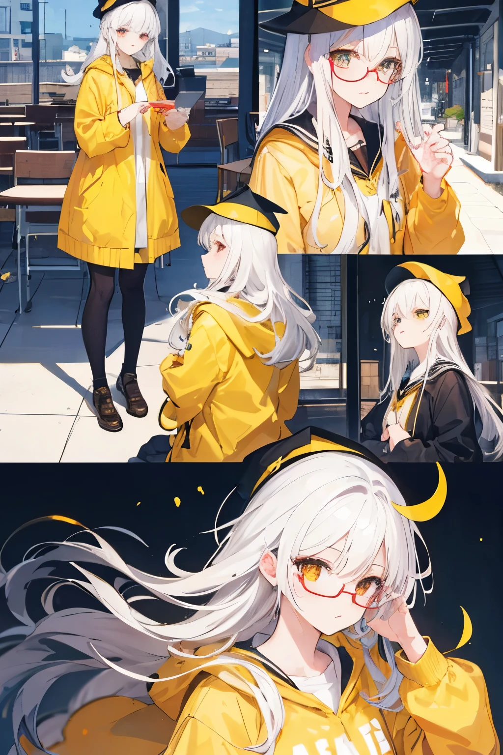 girl，wearing yellow，yellow black hat，university student，wear glasses，High school, etc，cute的脸，and white hair，red pupils，Beautiful scenery，dream，hapiness，full body picture，perfect face，best quality，detailed，masterpiece，long hair，Fashion，cute，perfect hands，Enhanced functionality，Character map