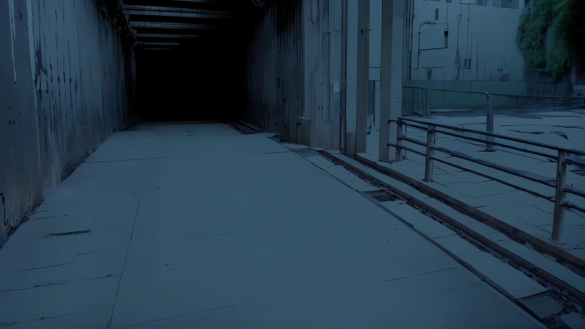 there is a long walkway with a railing and a building in the background, street background, background, dark train tunnel entrance, grey warehouse background, empty warehouse background, sewer background, factory background, entrance to a dark tunnel, dark hangar background, train station background, grimy streets backdrop, tunnel, background image