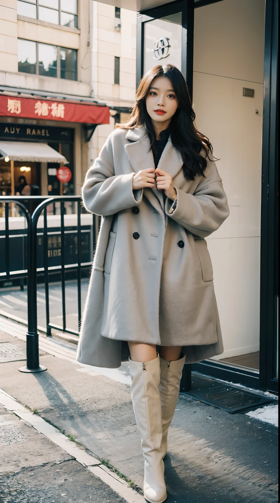 Best quality at best,tmasterpiece,超高分辨率,(reality:1.4),RAW photogr,hyper HD,8K,There one girl,Stylish clothes,Chanel style,Winter clothes,fashionable attire,long wool coat,tigh-high boots,Over-the-knee boots,high-class fashion,ellegance,best selling,Casual pose