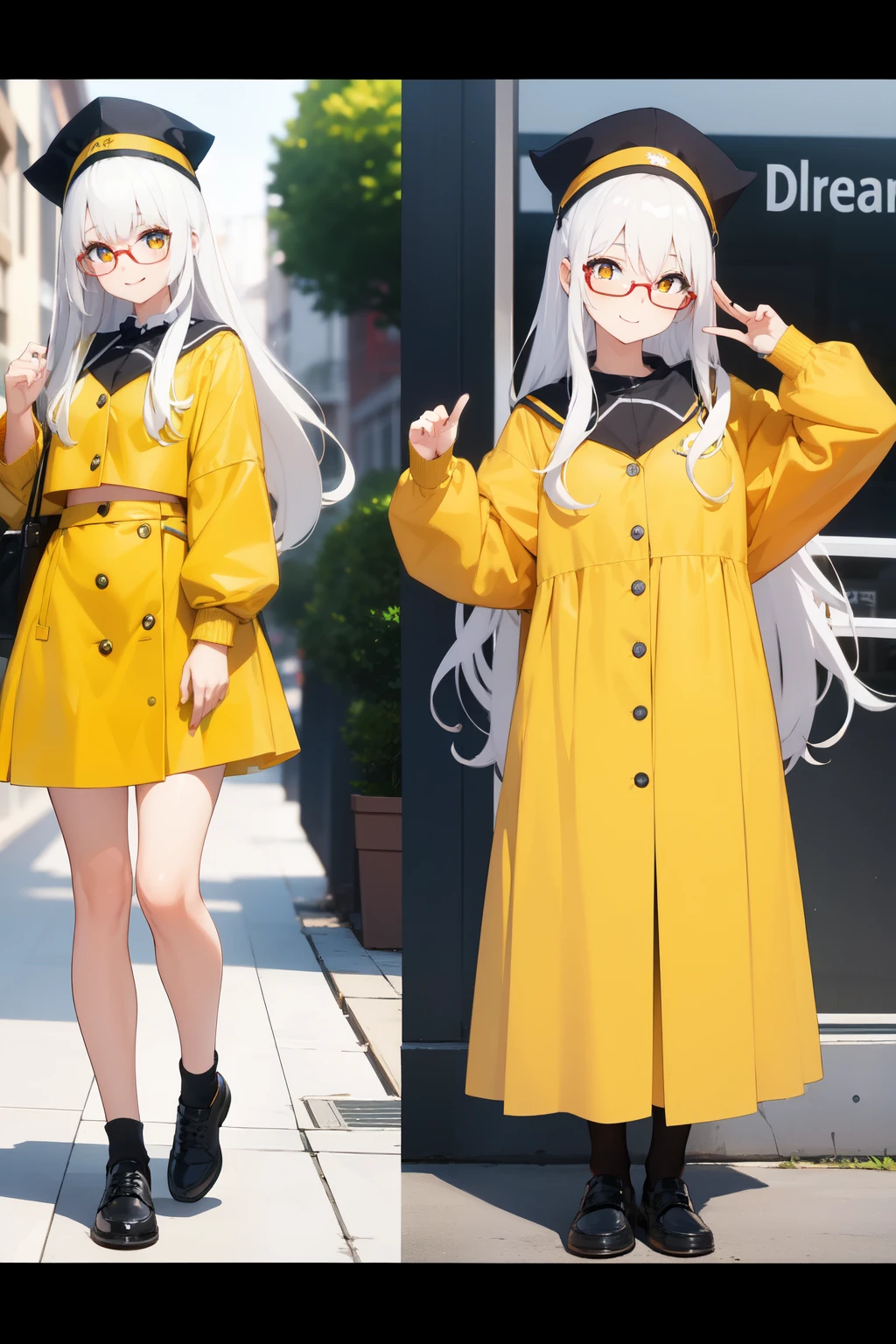 girl,wearing yellow,yellow black hat,university student,wear glasses,High school, etc,cute的脸,and white hair,red pupils,Beautiful scenery,dream,hapiness,full body picture,perfect face,best quality,detailed,masterpiece,long hair,Fashion,cute,perfect hands,Enhanced functionality,Character map