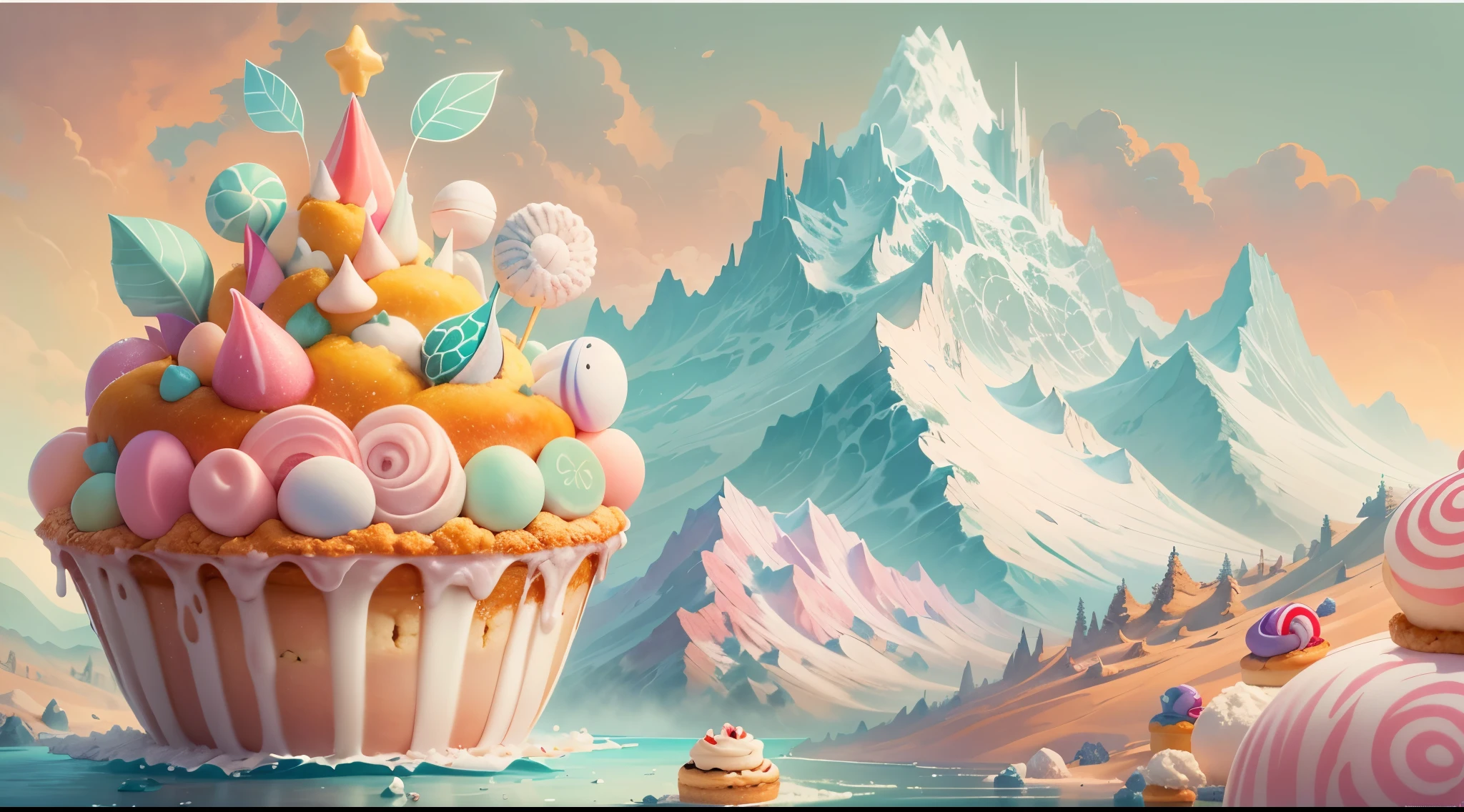 A whimsical scene comes to life in a painting showcasing a closeup of a towering mountain made entirely of delectable Big Muffins. The mountain is adorned with a mesmerizing rainbow-frosting, each pastel shade blending seamlessly into the next. At the pinnacle of this sugary creation, sits an adorable candy castle, exuding an irresistible charm. This expertly crafted image exudes a sense of playfulness and indulgence, enticing viewers with its impeccable detail and mouthwatering beauty.