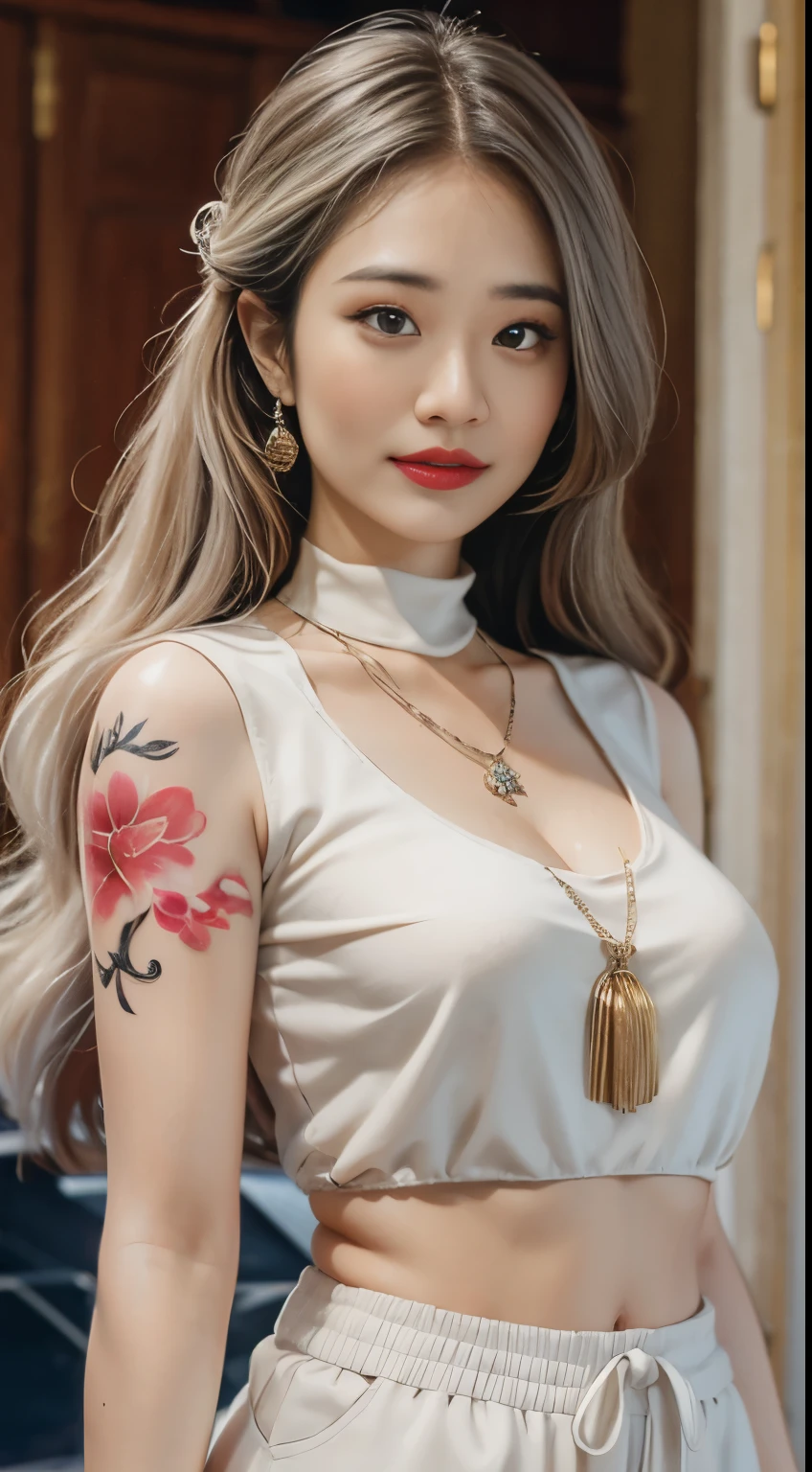  สาวbeautifulนักศึกษาวิทยาลัย，ผลworkชิ้นเอก，Light makeup，red lips，silver hair，long messy hair，road background，beautiful，Grace。Very detailed details，work，Authentic texture，realistic movie lighting，完美的work，8k，high resolution，exquisite face，White skinny turtleneck.，white shorts，Slim shape，Big, bright eyes，，earring，necklace，The tattoo is on.