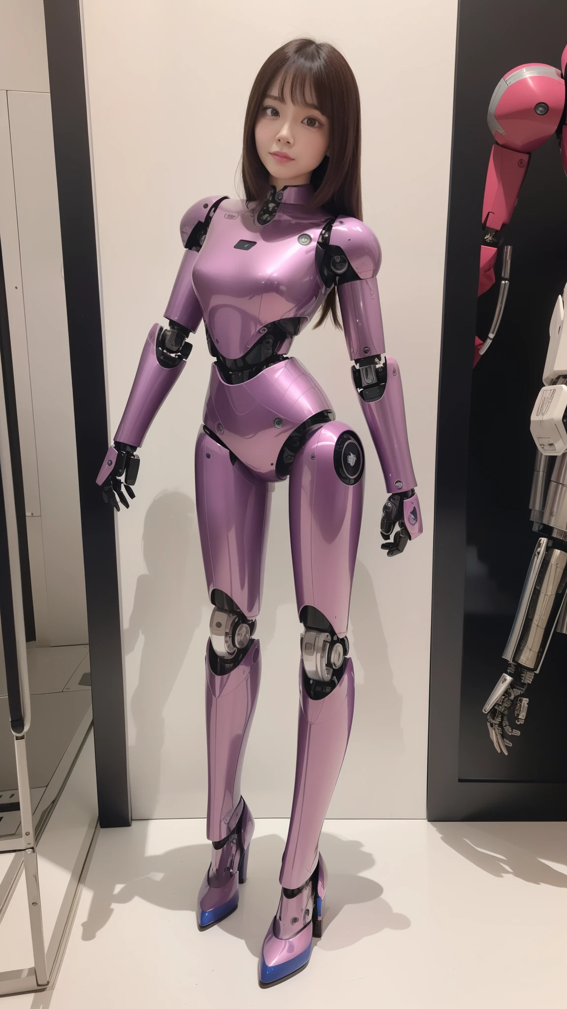(Photorealsitic:1.4)、one robot woman、(top-quality)、(hyperdetailed face)、(Super well-formed face)、(Robot Parts)、(Female-Robot)、(25 years-old)、(Blue)、(pink there)、(Burgundy)、(metallic)、(full-body)、(sexy pose)、(Slender body)、(Model body type)、(full body mech)、(mechanical exposure)、(Akihabara)、(is looking at the camera)、(A dark-haired)、(Well-proportioned lady)、(a small face)、(a small head)、(well-groomed fingers)、(Idol)、(front facing)、(Standing with legs open)、(Photo session)、(Looks sad)、(perfect-female-robot)、(perfect-mechanical-body)