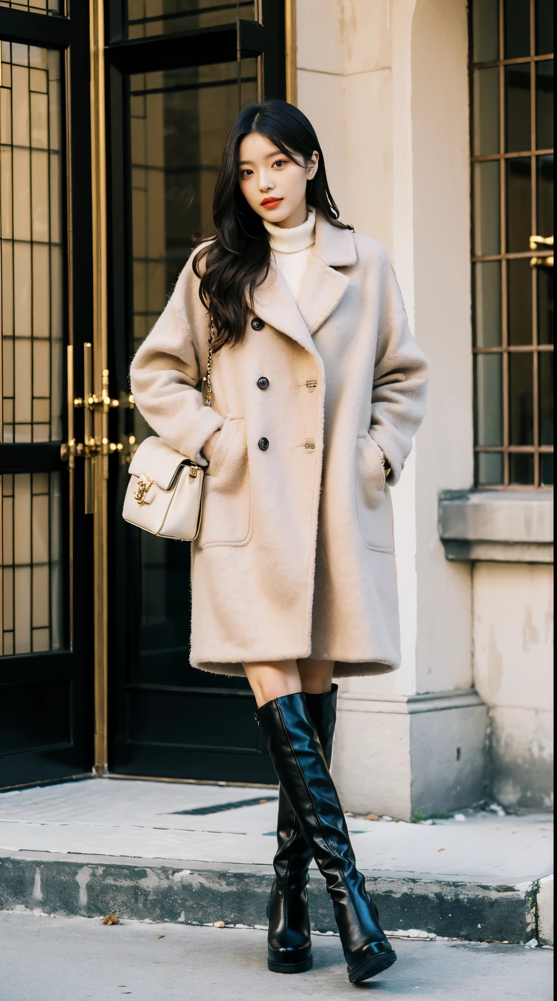 Best quality at best,tmasterpiece,超高分辨率,(reality:1.4),RAW photogr,hyper HD,8K,There  one girl,Stylish clothes,Chanel style,Winter clothes,fashionable attire,long wool coat,tigh-high boots,Over-the-knee boots,high-class fashion,ellegance,best selling,Casual pose