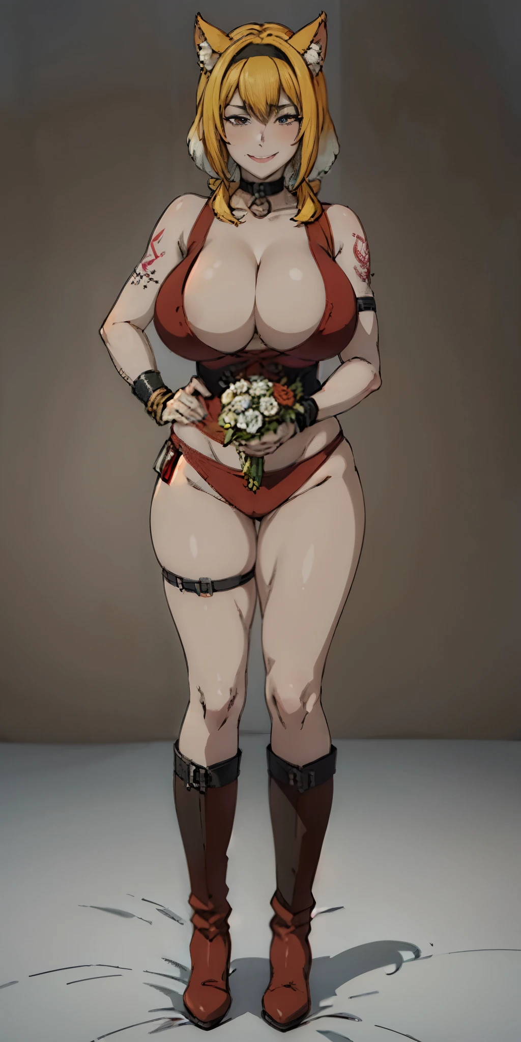 Fema full body standing symmetrical lustful smirking smile face (red blush), holding bouquet of flowers, holding both hands, full body toe to head, feet together, high boots, big breast, hands on hips. (red tattoo on belly, white background, long tail, fluffy dog ears), black choker on neck, golden bracers on knees and wristband on arms