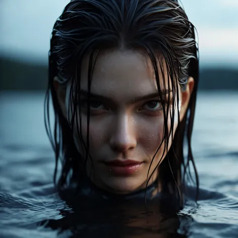 a close up of a woman in the water with wet hair