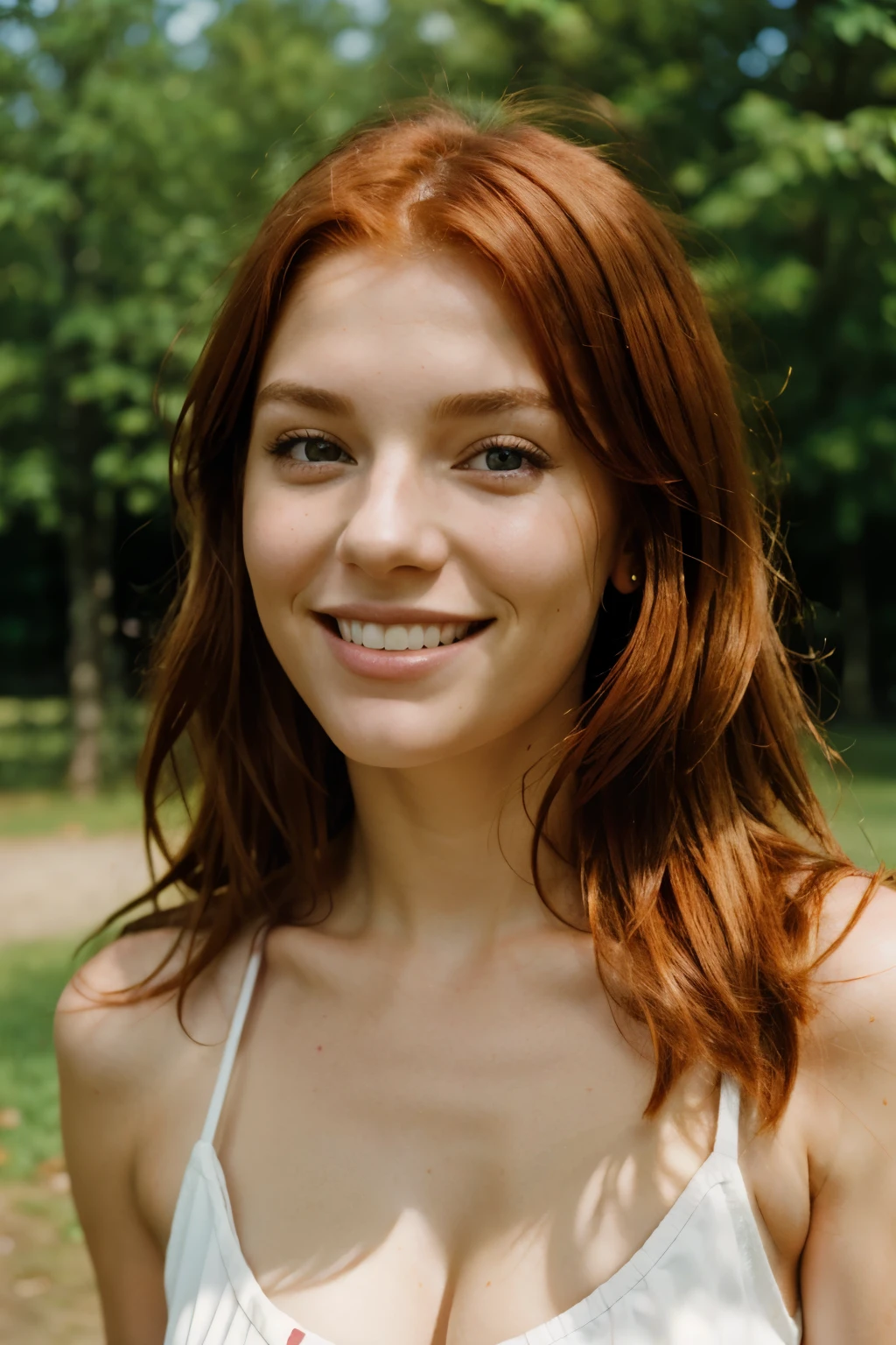 A portrait photo of beautiful red haired German girl, attractive face, smiling, outdoor, hyper realistic photo, picture taken with canon eos 3 and kodak gold 400