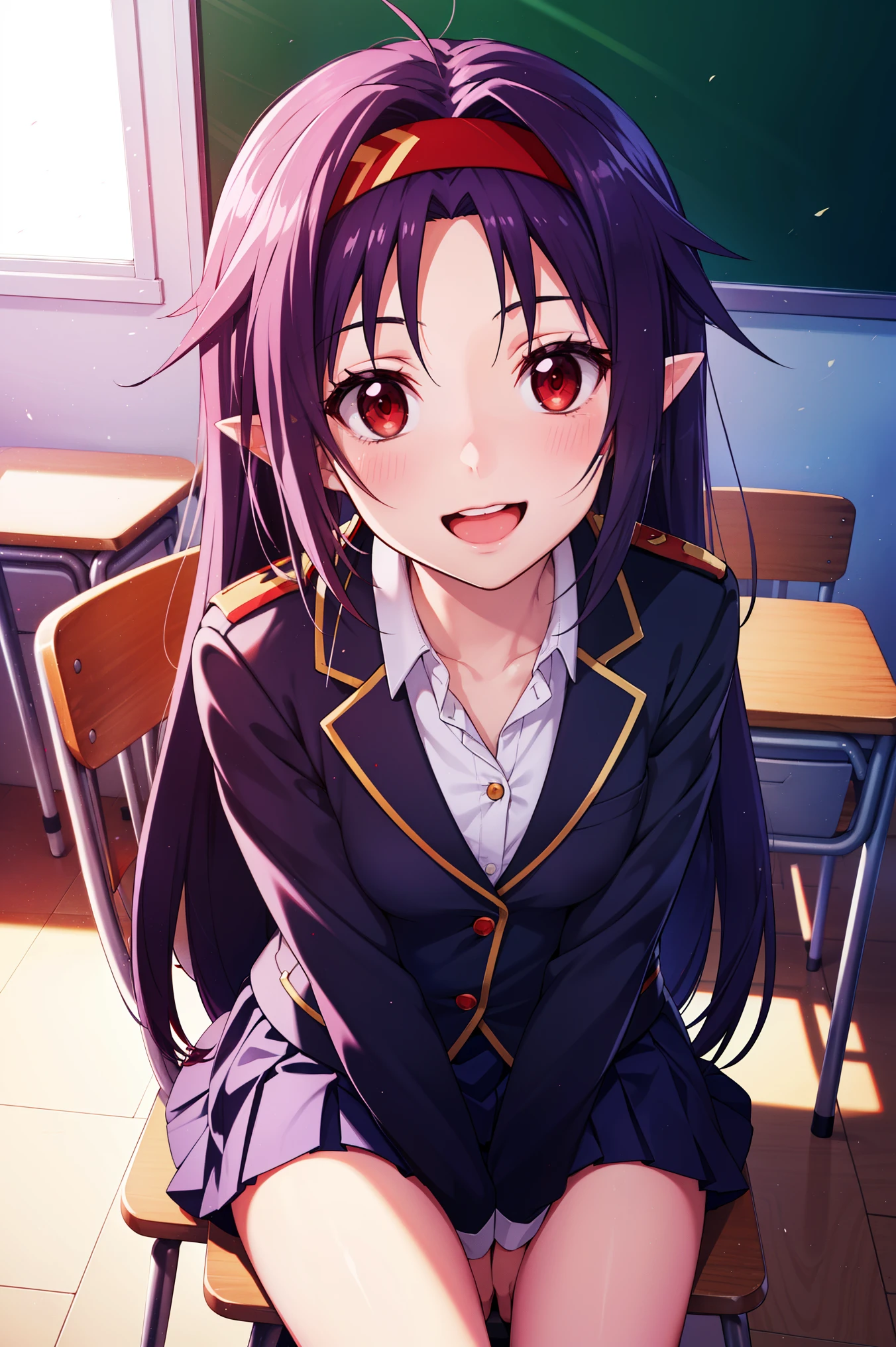 master piece, best quality, 8k, ultra high resolution, anime style, best writing, beautiful face, Yuuki Konno、Yuuki Konno、1 girl, solo, hair band、long hair、pointy ears、purple hair、(red eyes:1.5)、(small breasts:1.2)、open mouth、BREAK black thighs、uniform、blazer, pleated skirt, School, classroom, sit on a chair, blush, smile, Face Up、highest quality、unity 8k wallpaper、(An illustration:0.8)、(beautiful detailed eyes:1.6)、highly detailed face、perfect lighting、Highly detailed CG、(perfect hands、perfect anatomy)