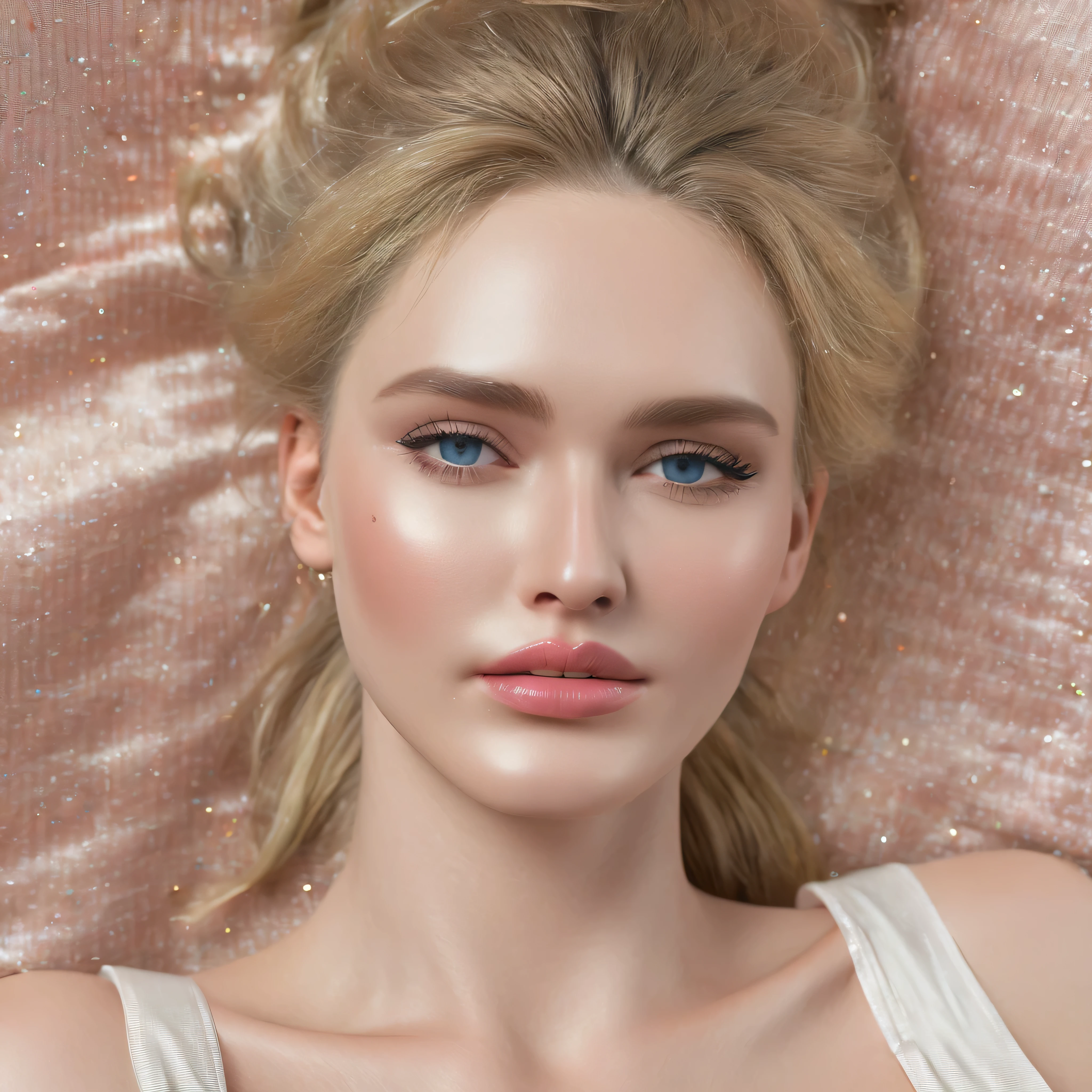 highest quality、High resolution、Super detailed、masterpiece、Live shooting、genuine、photogenuineistic、very delicate and beautiful、small details、(rough skin:1.4)、1 female、(european:1.2)、blonde、blue eyes、(super beautiful)、(beautiful face:1.4)、(ecstasy:1.2)、(close up of face:2)、25 year old model、(sleeveless clothes)、slutty makeup、lipstick、eyeliner、mascara、eye shadow、(go down to bed:1.5)、(Sweat:1.2)、(At SFW)