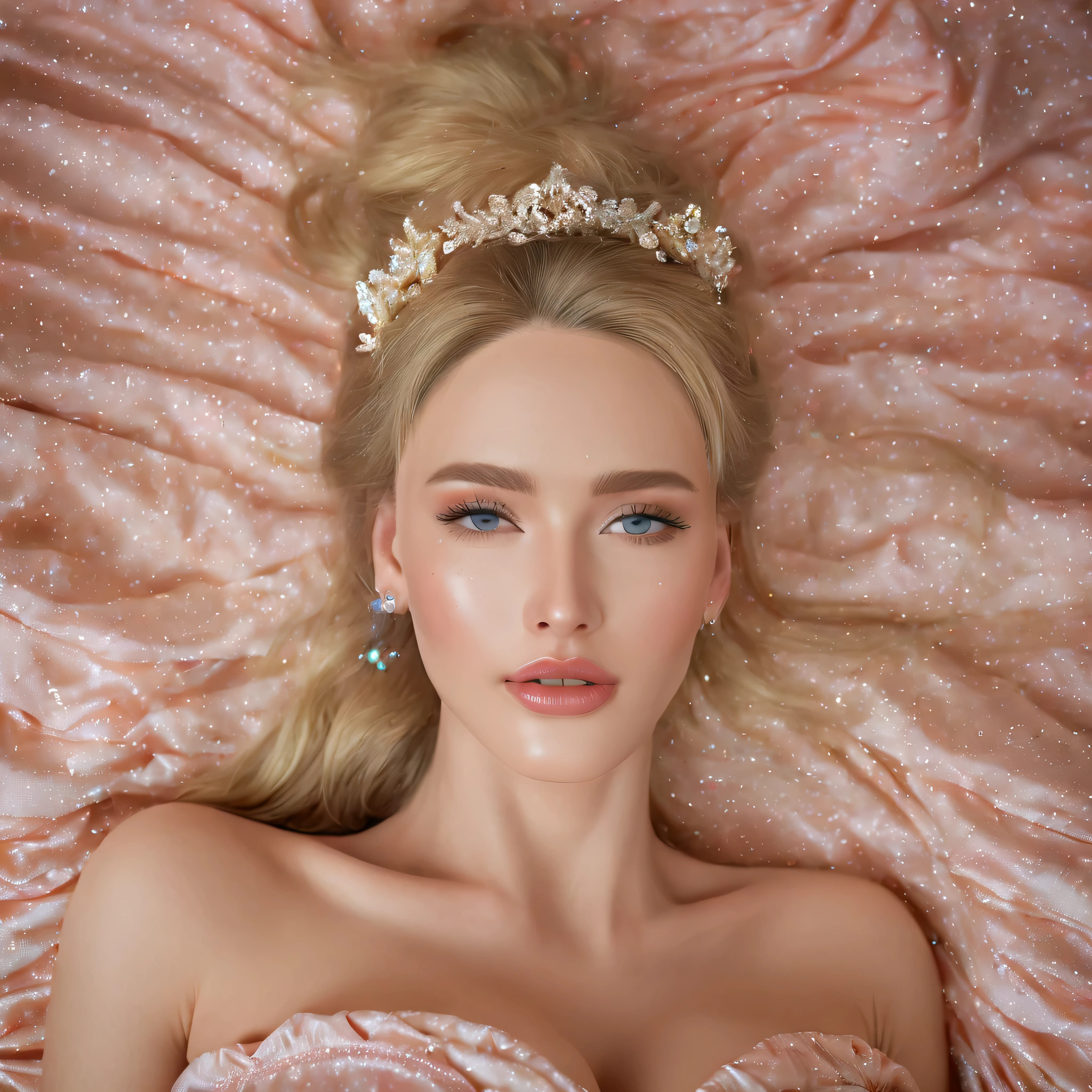 highest quality、High resolution、Super detailed、masterpiece、Live shooting、genuine、photogenuineistic、very delicate and beautiful、small details、(rough skin:1.4)、1 female、(european:1.2)、blonde、blue eyes、(super beautiful)、(beautiful face:1.4)、(ecstasy:1.2)、(close up of face:2)、25 year old model、(sleeveless clothes)、slutty makeup、lipstick、eyeliner、mascara、eye shadow、(go down to bed:1.5)、(Sweat:1.2)、(At SFW)