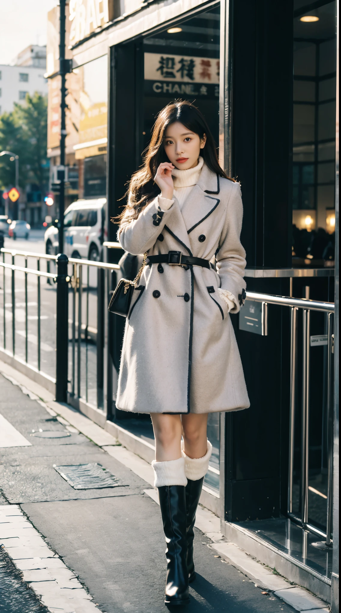 Best quality at best,tmasterpiece,超高分辨率,(reality:1.4),RAW photogr,hyper HD,8K,There  one girl,Stylish clothes,Chanel style,Winter clothes,fashionable attire,long wool coat,tigh-high boots,Over-the-knee boots,high-class fashion,ellegance,best selling,Casual pose