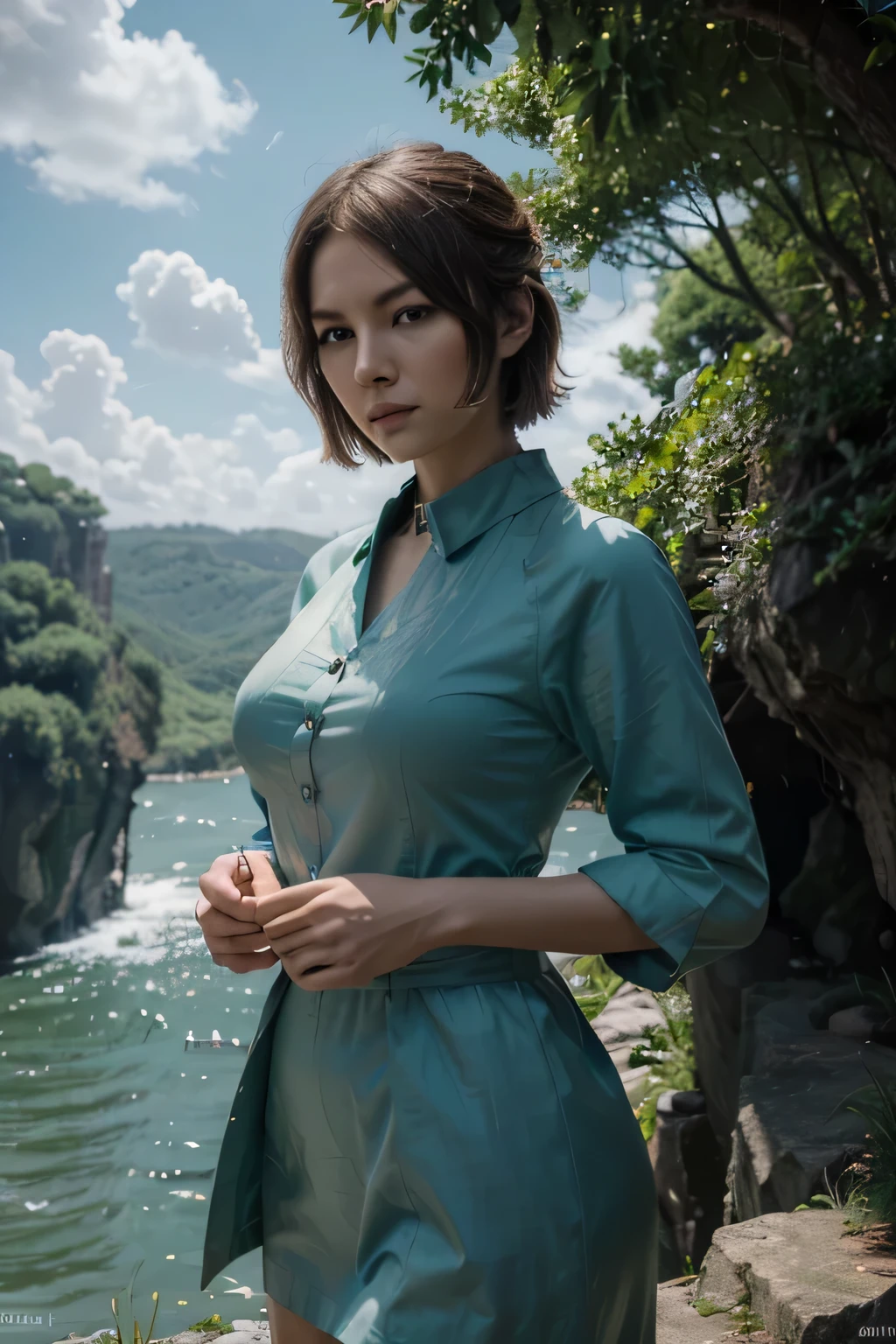 Tatsumaki, one punch man,masterpiece, best quality, high quality, extremely detailed 8k CG unit wallpaper, scenery, Outdoor, sky, cloud, day, water, tree, blue sky, waterfall, cliff, nature, lake, river, cloudy sky, award-winning photography, Bokeh, depth of field, HDR, flower, chromatic aberration, photorealistic, extremely detailed, trend in artstation, trend in CGsociety, intricate, High detail, dramatic, art in the middle of the journey