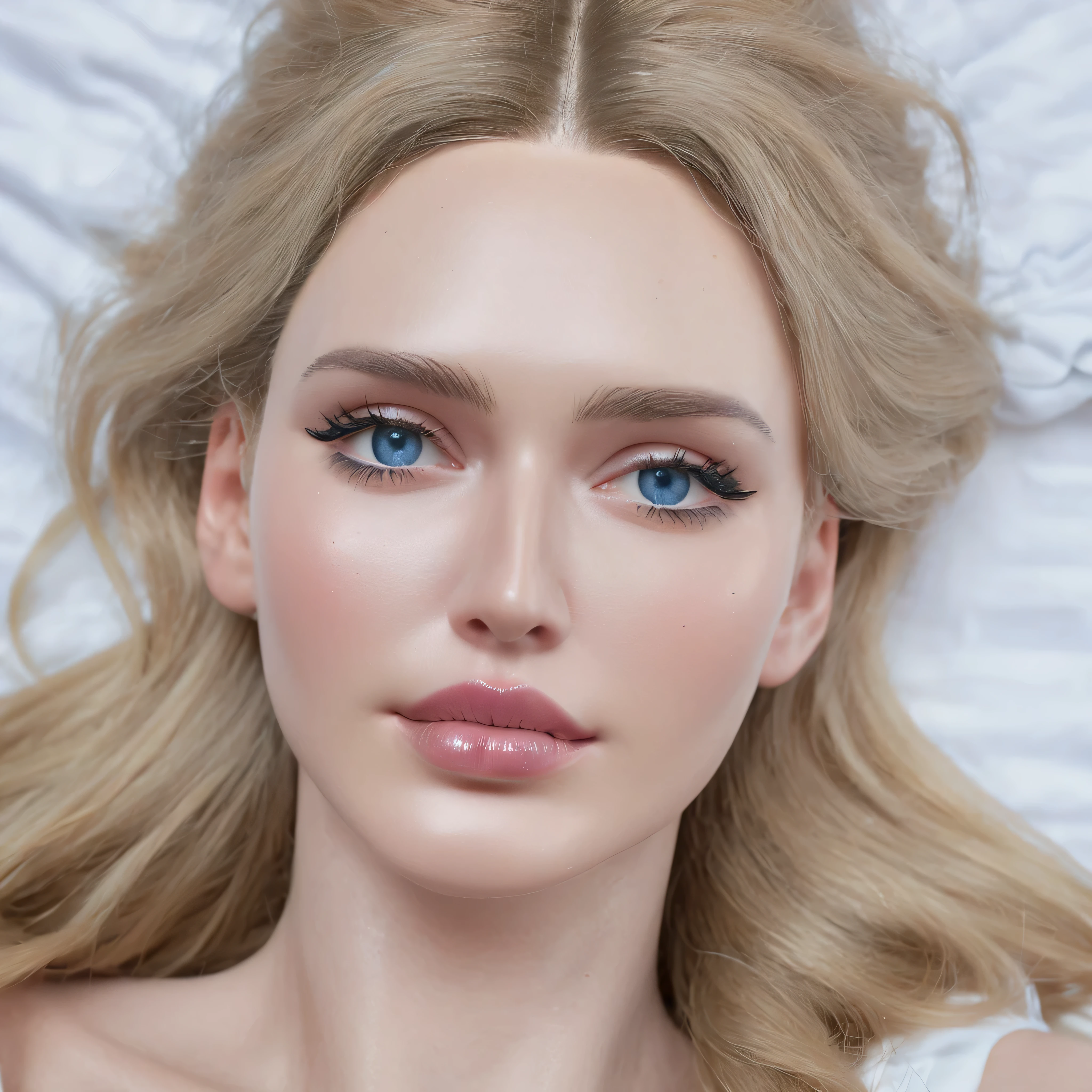 highest quality、High resolution、Super detailed、masterpiece、Live shooting、genuine、photogenuineistic、very delicate and beautiful、small details、(rough skin:1.3)、1 female、(european:1.2)、blonde、blue eyes、(super beautiful)、(beautiful face:1.3)、(ecstasy:1.2)、(close up of face:2)、25 year old model、(sleeveless clothes)、slutty makeup、lipstick、eyeliner、mascara、eye shadow、(go down to bed:1.5)、(Sweat:1.2)、(At SFW)