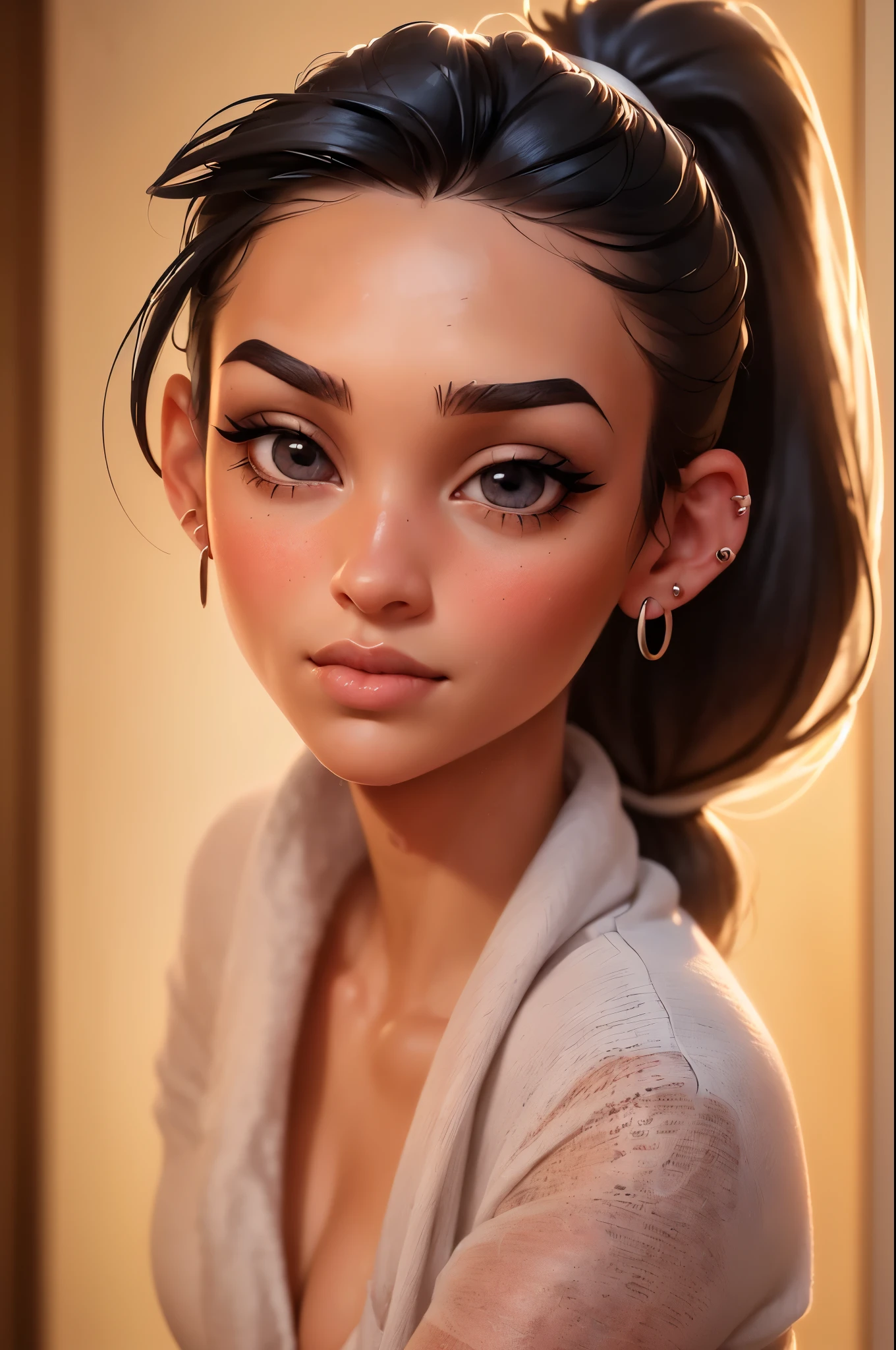 beautiful girl, blue eyes, pony tail, large breasts, ((beautiful slim teenage girl 18 year old, black hair, earrings, lips, realistic, pink lipstick, long eyelashes, earrings, wearing eyeliner, fair skin, (sexy), (detailed face), detailed eyes, detailed iris, sexy look, looking at viewer, (hot), facing viewer, ((thighs)), towel wrapped, lip gloss, big full lips, long hair, smirk, wet skin, warm light, ponytail, (photorealistic: 1.4)