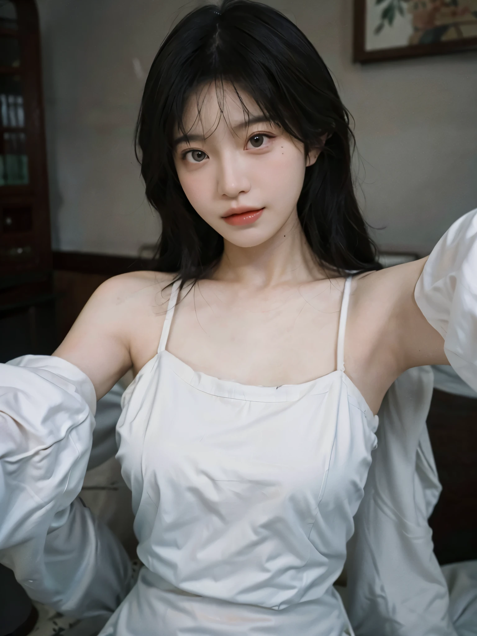 Film portrait photography, 2 girls, 2 girls,twin,bare shoulders, Shoulder length wavy hair, Snow-white cheongsam,(Realistic and detailed eyes, natural skin texture, Realistic facial details),, depth of field, Bokeh, Vibrant details, Detailed and detailed, Surrealism, 35mm film, hazy, ,Selfie,
