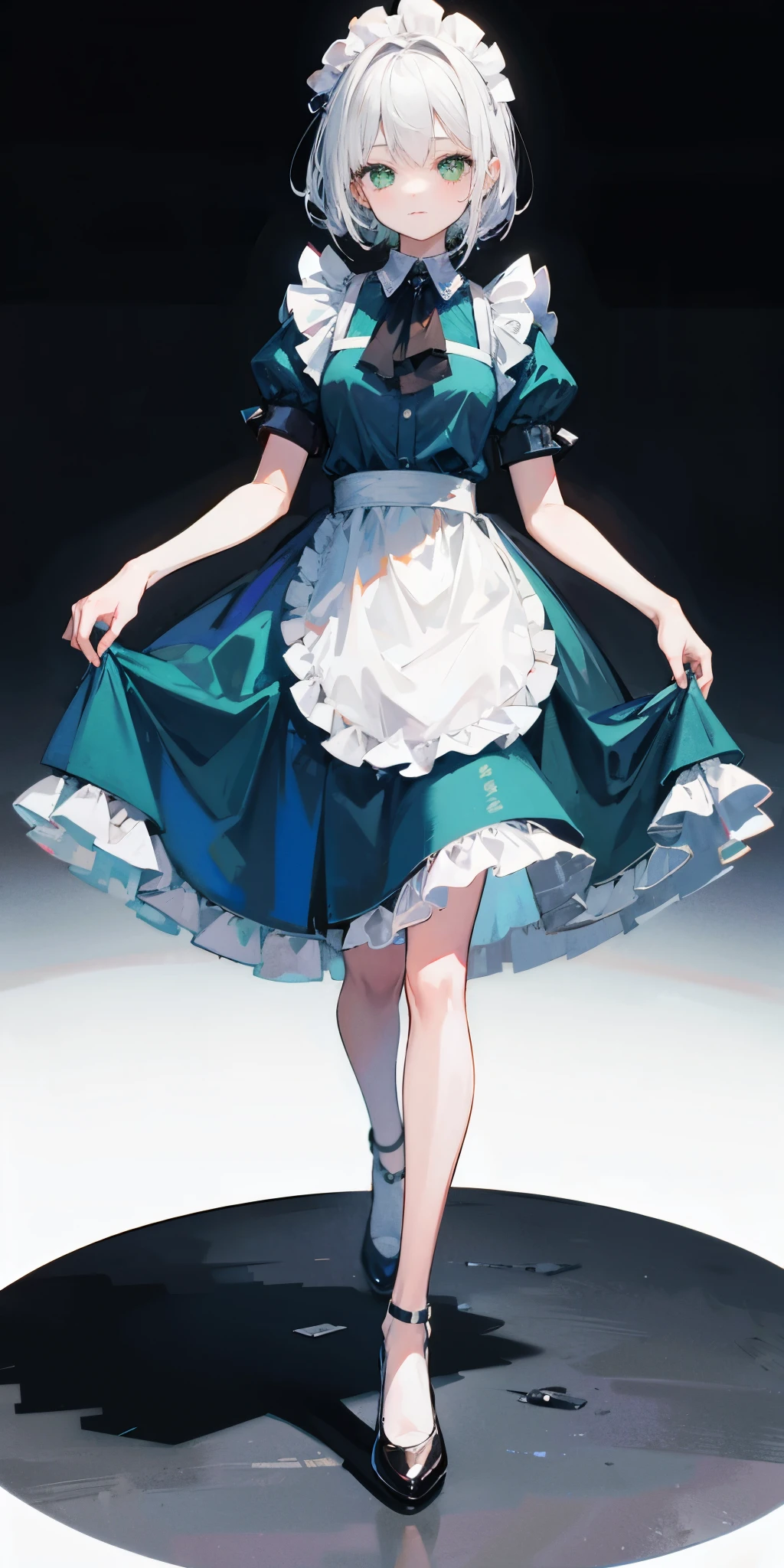 1girl, full body, white hair, green eyes, blue maid dress