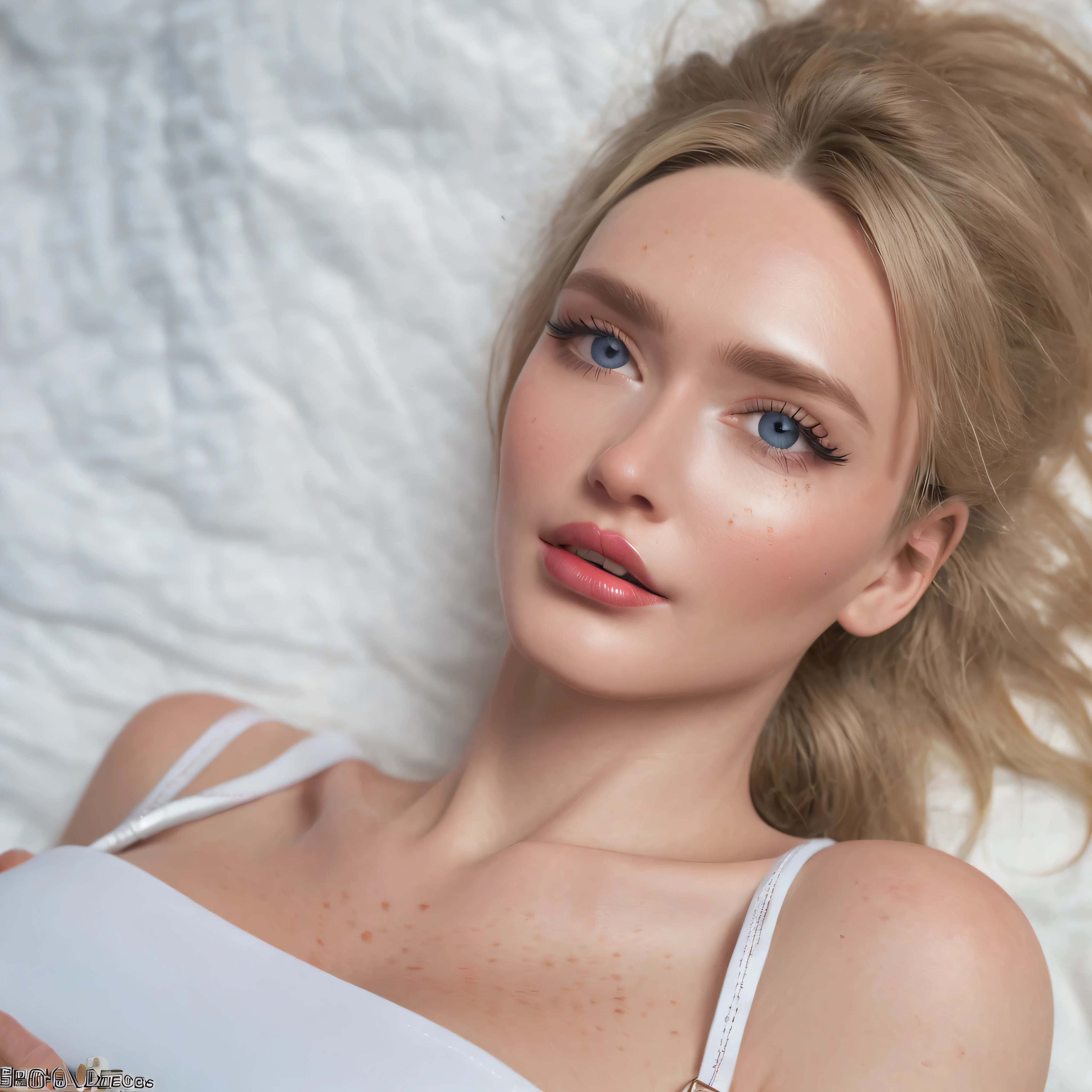 highest quality、High resolution、Super detailed、masterpiece、Live shooting、genuine、photogenuineistic、very delicate and beautiful、small details、(rough skin:1.3)、1 female、(european:1.2)、blonde、blue eyes、(super beautiful)、(beautiful face)、(ecstasy:1.2)、(close up of face:2)、25 year old model、(sleeveless clothes)、slutty makeup、lipstick、eyeliner、mascara、eye shadow、(go down to bed:1.5)、(Sweat:1.5)、(At SFW)