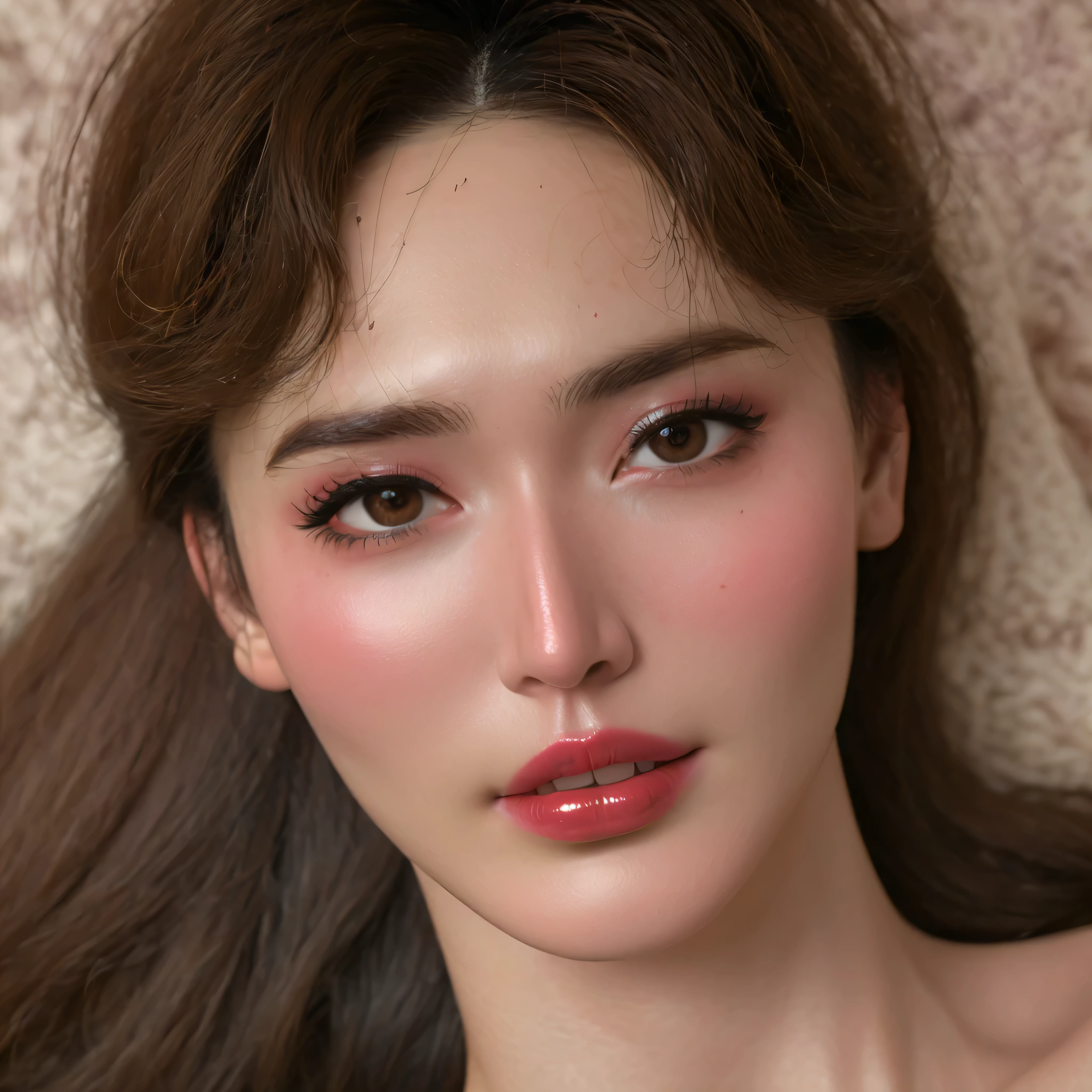 highest quality、High resolution、Super detailed、masterpiece、Live shooting、genuine、photogenuineistic、very delicate and beautiful、small details、(rough skin:1.3)、1 female、(Japanese:1.2)、brown hair、(super beautiful)、(beautiful face)、(ecstasy:1.2)、(close up of face:2)、25 year old model、(sleeveless clothes)、slutty makeup、lipstick、eyeliner、mascara、eye shadow、(go down to bed:1.5)、(Sweat:1.5)、(At SFW)