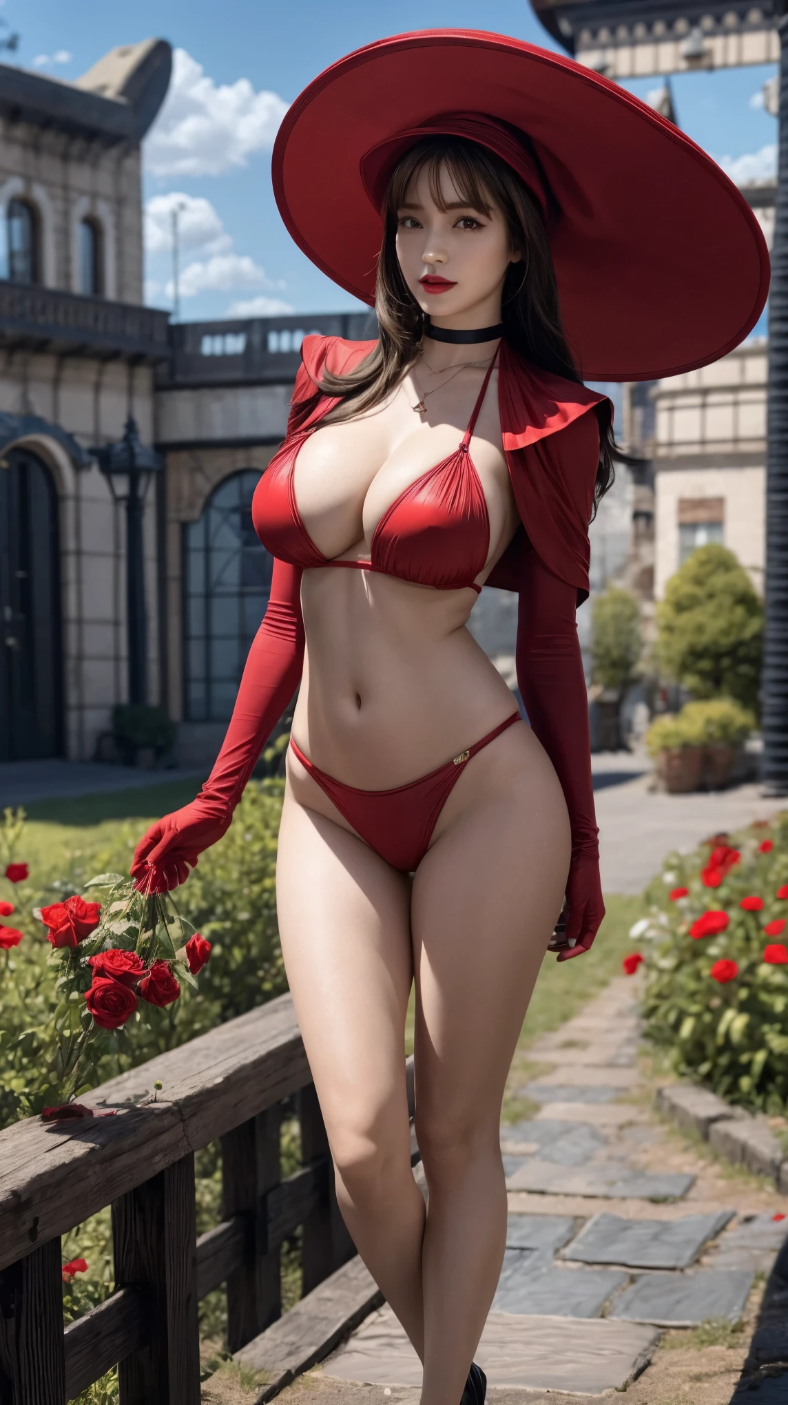 a beautiful girl, perfect face, arms at sides, ultra high res, full body:1.5, lisa (genshin impact), crimson red witch hat, green eyes, black hair, (PureErosFace_V1:0.008), (european:1.6), bangs, crimson red cup-less micro sling string thong outfit, rose, jewelry, witch, crimson red capelet, crimson red headwear, crimson red gloves, crimson red flower, hair between eyes, crimson red rose, parted lips, crimson red capelet, hat flower, hair ornament, windmill, from front, big breasts and slender body, bead necklace, anchor choker, makeup, seductive smile, bokeh, Canon, first-person view, pov, cowboy shot, masterpiece, high quality, 4k, anatomically correct, super detail, highres, 16k