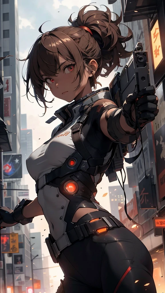Super detailed, High resolution, Super detailed, highest quality, wonderful, highest quality, Highly detailed CG Unity 8k wallpaper, cinematic lighting, A woman in the near future is on a battlefield where the survival of humanity is at stake.、A light-brown paper woman with a bob cut and red eyes, dressed in cyberpunk sportswear, fires a railgun larger than she is tall.、Upliftingのある戦闘を繰り広げている。 There are explosion sites around、Women are bravely fighting alone.。The camera is at a sharp angle、The woman is glaring at the enemy、transfer the whole body、Uplifting、A description that seems to start moving at any moment、Powerful scenes、