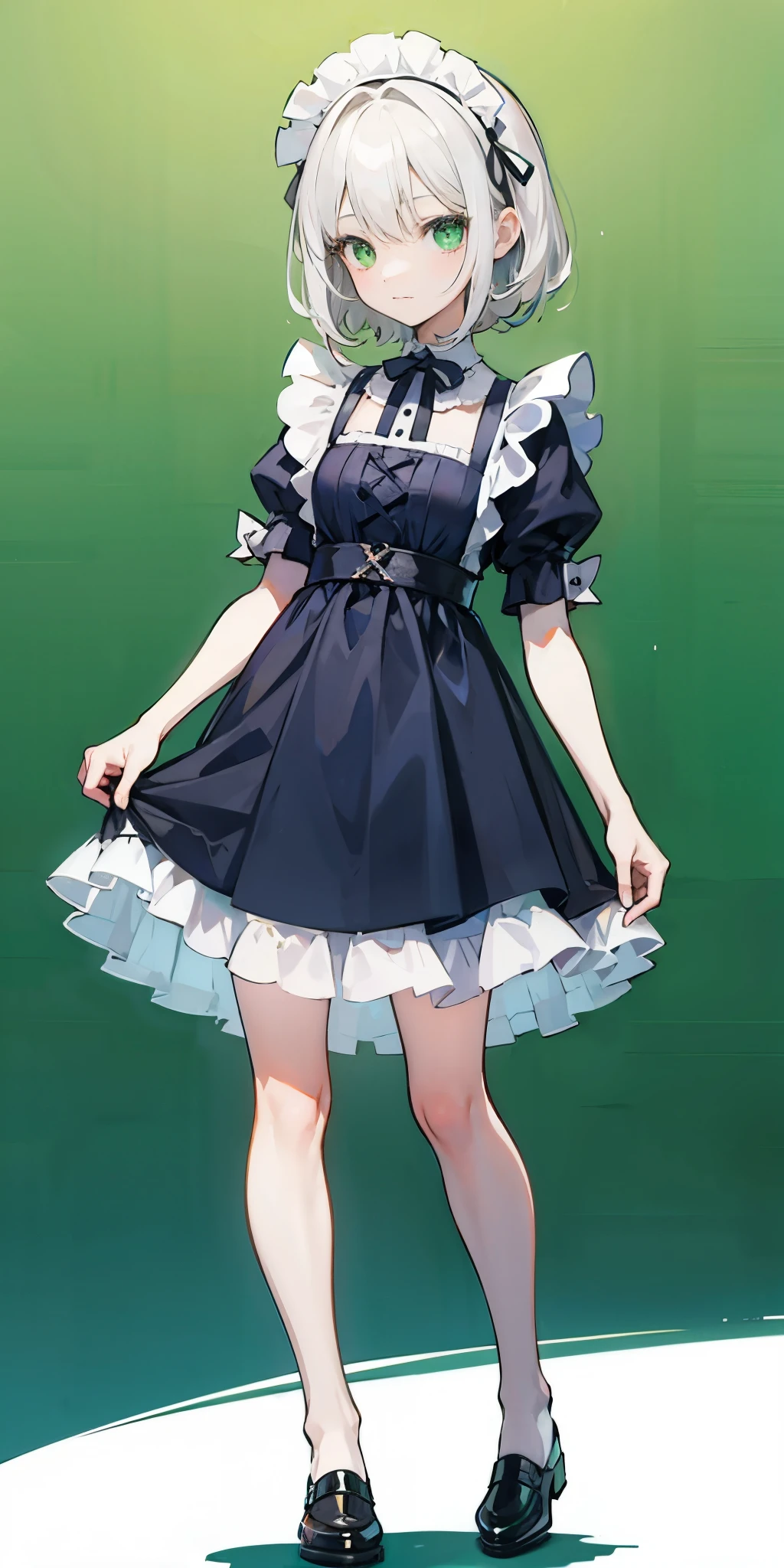 1girl, full body, white hair, green eyes, blue maid dress