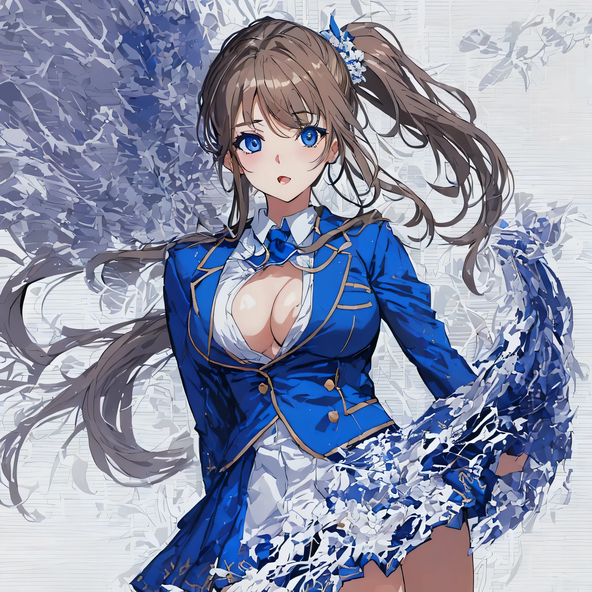 masterpiece, highest quality,shape,blue eyes,slanted eyes,super dense skin,fine and beautiful eyes,(medium sized breasts:1.1), (perky chest :1.1),highlight,school uniform, blazer,ponytail,On the way home from school,In conversation
