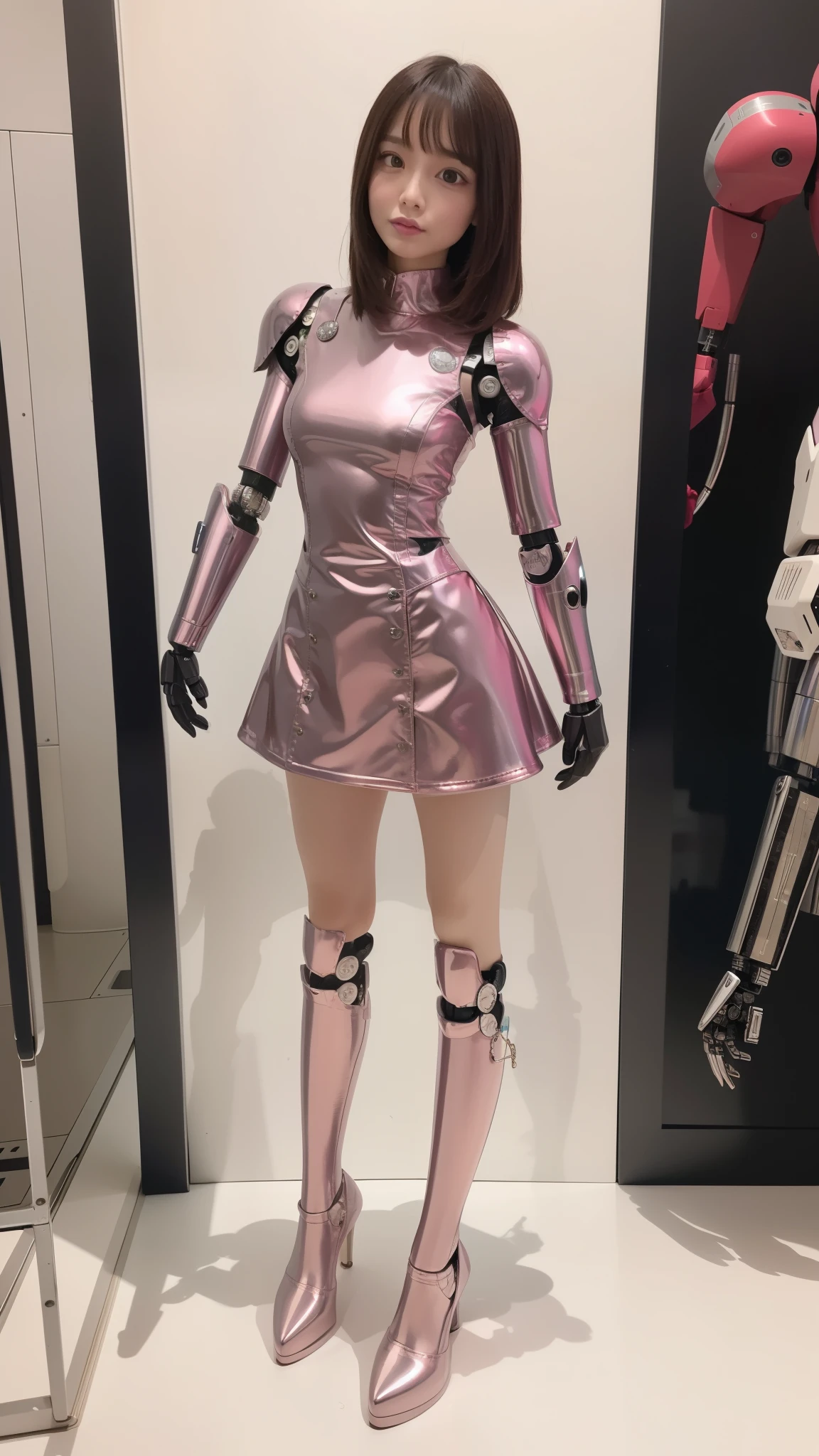 Robot Girl, pink there, Silver, Metallic body, Robot Parts, Metal Parts, Super Detailed Face, Super well-formed face, of the highest quality, a small face, a small head, Brown hair, Slender body, Camera gaze, Internal Mechanical Exposure, Idol, front facing, Well-proportioned body, sale, Exhibited, Event Hall, Moe Pose, pink metallic Lolita dress machine armor, Standing with legs open, Model body type, sad, Embarrassing,(Perfect Robot Girl),(Perfect machine body)