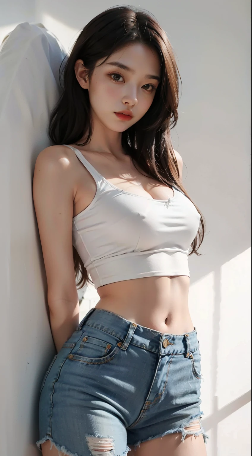 Girl posing for photo in white bra and tight denim, arms behind back, full body, with cropped t-shirt, bra, slim figure, smaller bust, slim girl model, 24 year old female model, nude, nipple