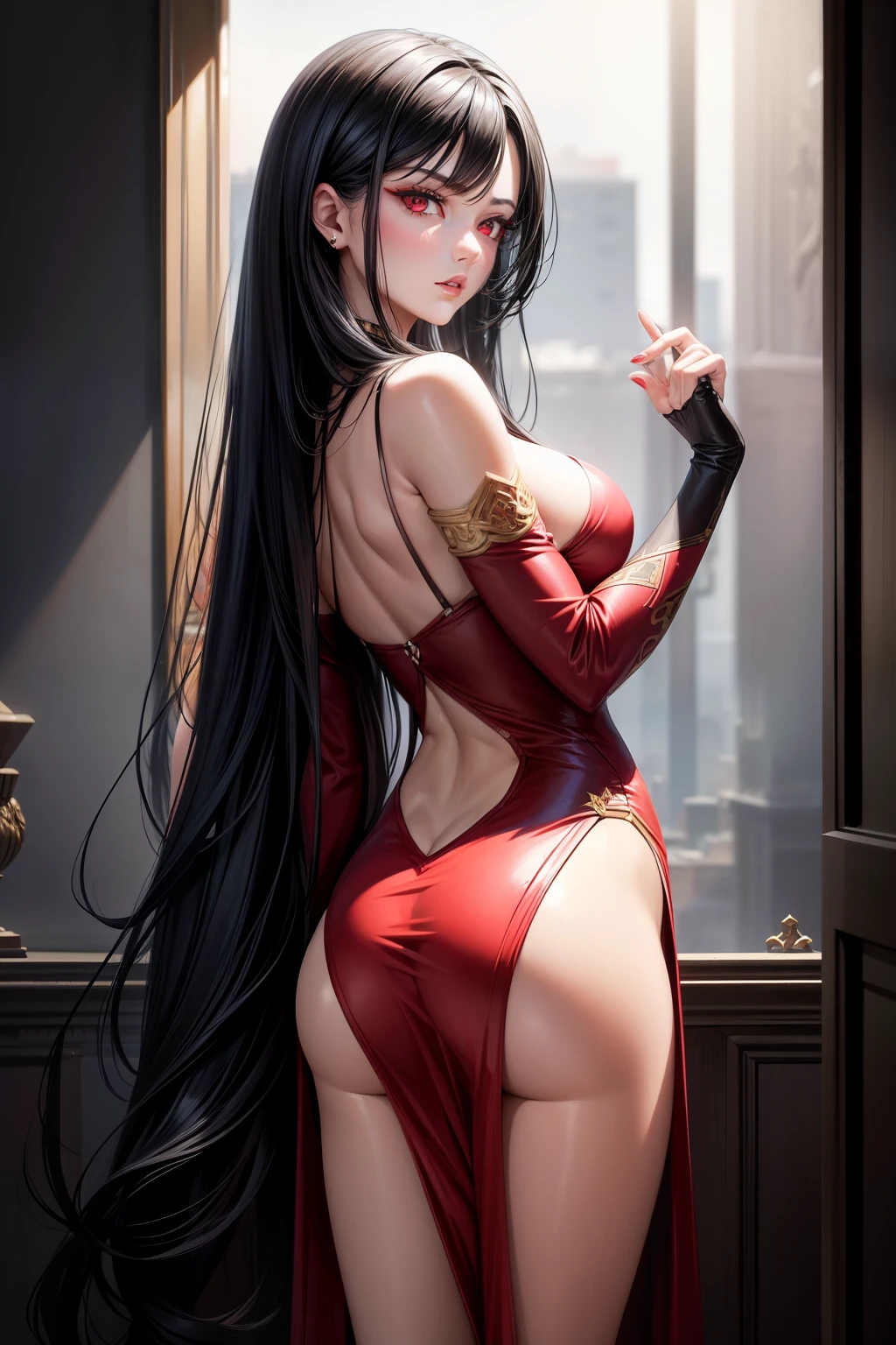 Woman with jet-black hair and fiery red eyes, captivating gaze that seems to pierce through the veil of reality. Her hair cascades down her back in a shiny, sleek wave, framing her angular features. Her eyes gleam with an intensity that is both alluring and enigmatic, beckoning the viewer to delve deeper into her enigmatic world. The image is rendered in the highest quality, every detail meticulously captured in vivid, lifelike detail. A true masterpiece, no expense spared in bringing this mesmerizing woman to life. (realistic, 1girl)