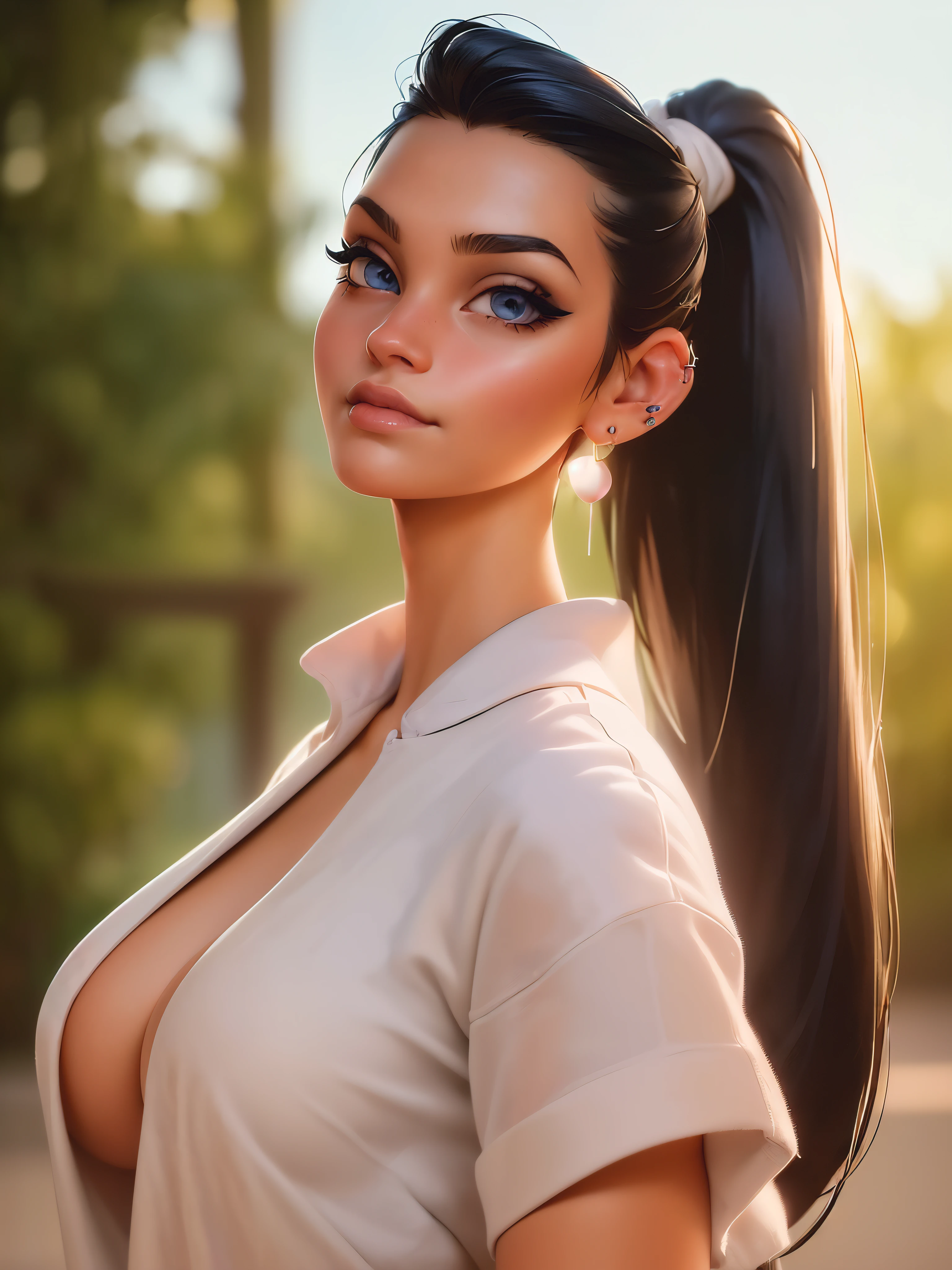 beautiful girl, blue eyes, pony tail, large breasts, ((beautiful slim age girl 18 year old, black hair, earrings, lips, realistic, pink lipstick, long eyelashes, earrings, wearing eyeliner, fair skin, (sexy), (detailed face), detailed eyes, detailed iris, sexy look, looking at viewer, (hot), facing viewer, ((thighs)), towel wrapped, lip gloss, big full lips, long hair, smirk, sunny environment, warm light, ponytail, (photorealistic: 1.4)