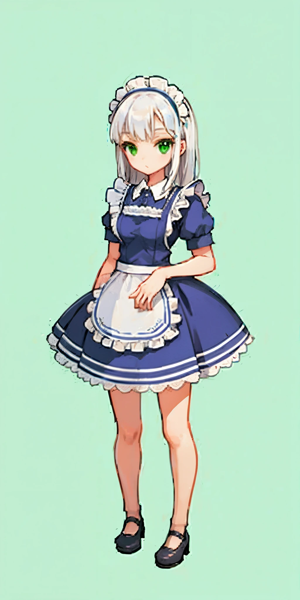 1girl, full body, white hair, green eyes, blue maid dress
