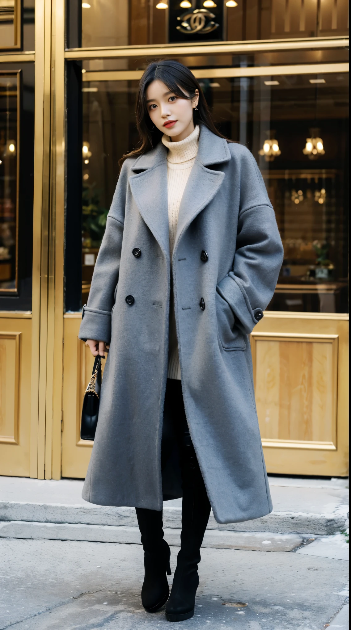 Best quality at best,tmasterpiece,超高分辨率,(reality:1.4),RAW photogr,hyper HD,8K,There  one girl,Stylish clothes,Chanel style,Winter clothes,fashionable attire,long wool coat,tigh-high boots,Over-the-knee boots,high-class fashion,ellegance,best selling,Casual pose