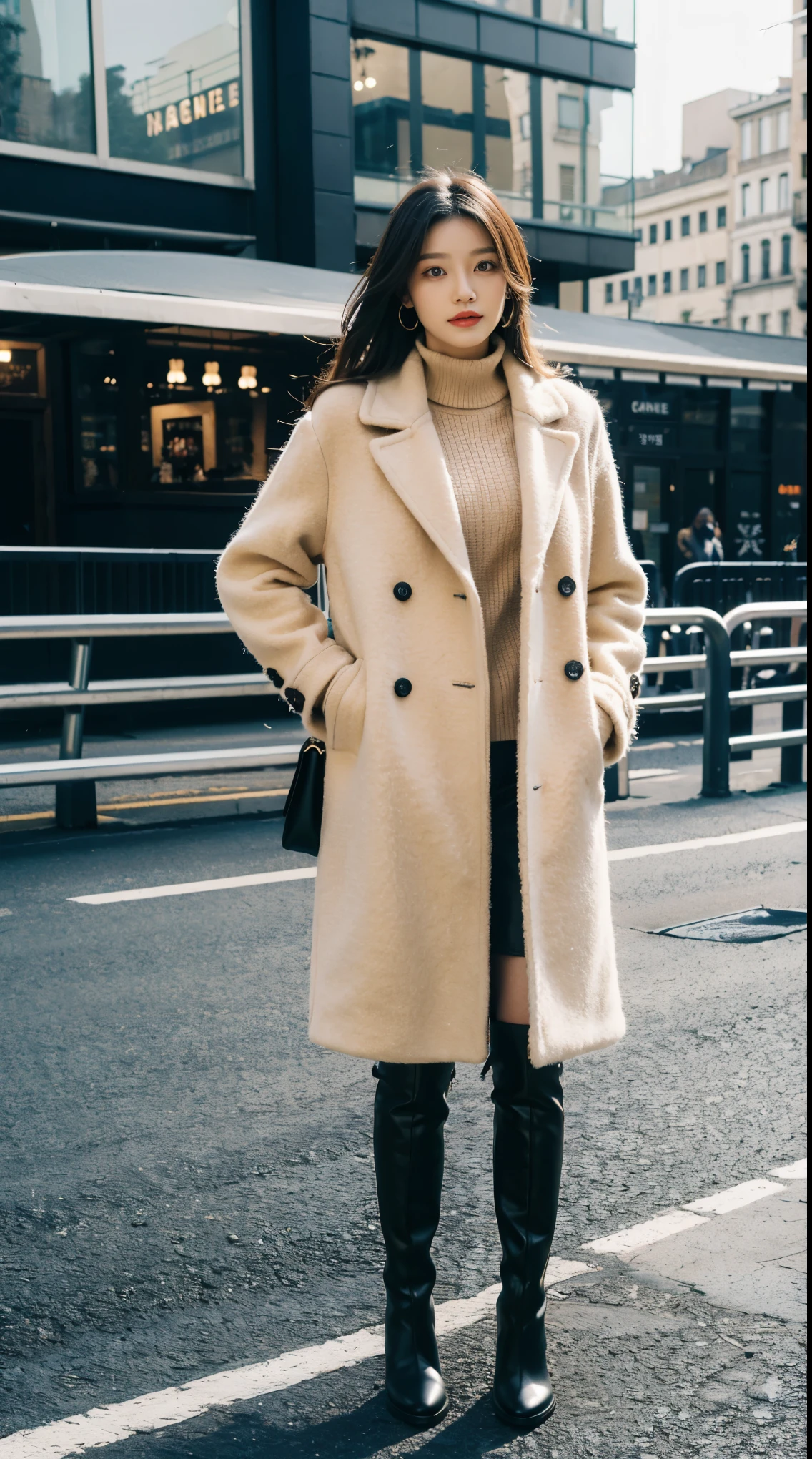 Best quality at best,tmasterpiece,超高分辨率,(reality:1.4),RAW photogr,hyper HD,8K,There one girl,Stylish clothes,Chanel style,Winter clothes,fashionable attire,long wool coat,tigh-high boots,Over-the-knee boots,high-class fashion,ellegance,best selling,Casual pose