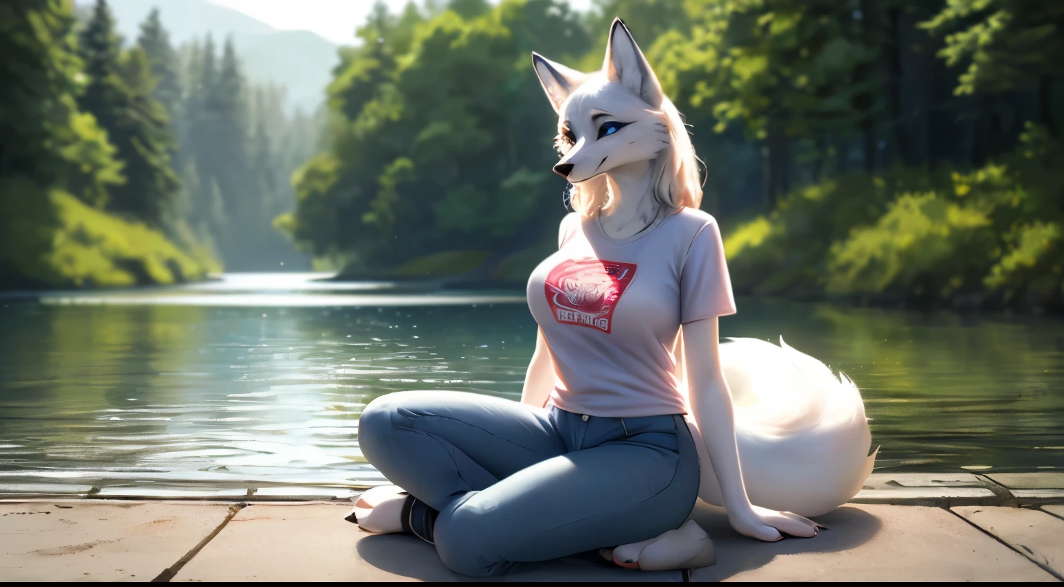 (Highest Quality, 4k, masterpiece, Amazing Details:1.1), near a lake, medium breast. deep blue eyes,(((wearing a t-shirt and jeans)), (full body:1.3) Shallow Depth of Field, E671, ((anthro white fox female)), thin eyebrows, (realistic white fur, detailed fur texture:1.2), ((photorealistic), a furry tail, and furry ears. The ambient light good.， Super fine fur、Volumetric light very detailed，Finest quality furry art
