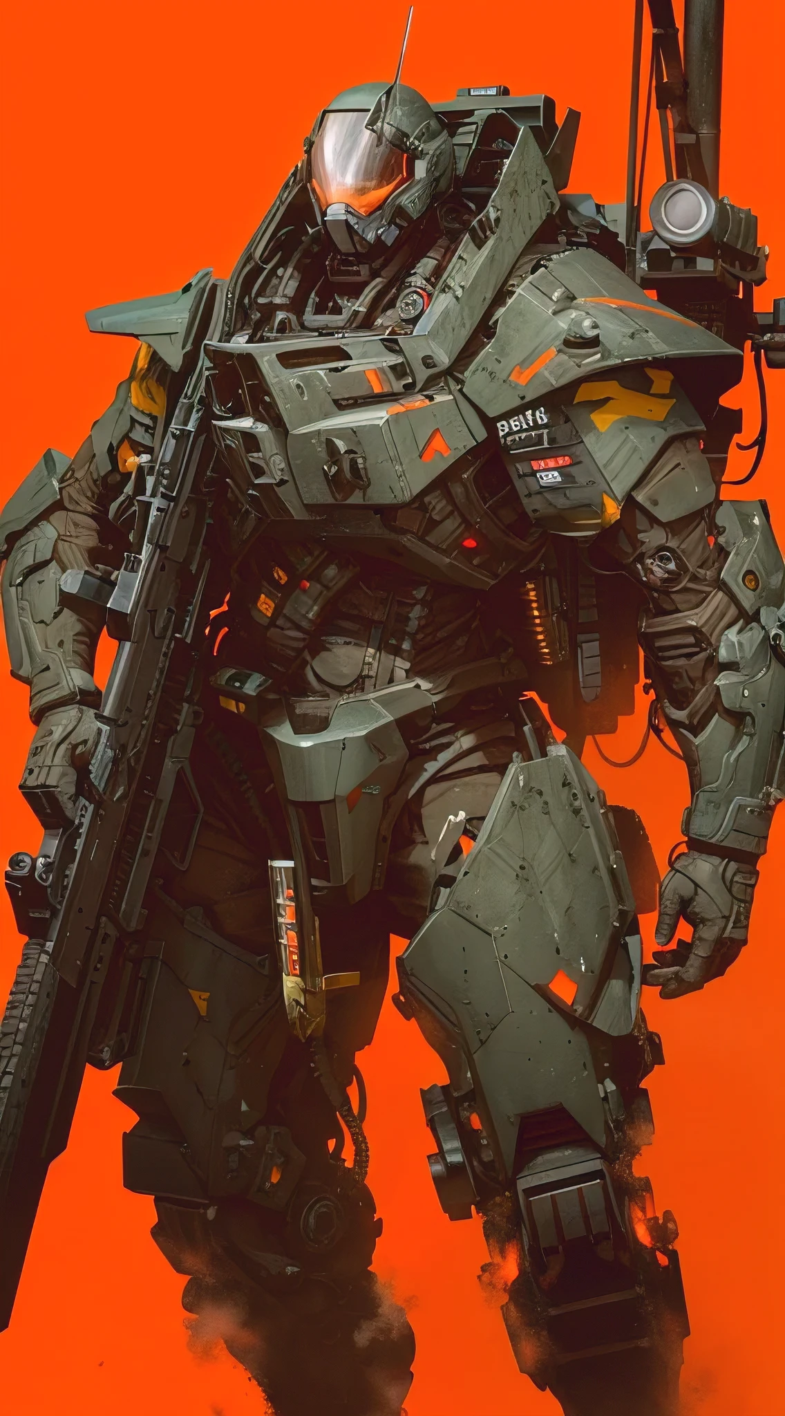 mech,war,rifle shooting,standing,metallic,high-tech,eyepiece,heavy armor,helmet,mechanical limbs,advanced targeting system,intricate details,explosions in the background,dusty environment,smoke and debris,futuristic cityscape,roaring flames,intricate circuitry,mechanical joints,cybernetic enhancements,laser sights,powerful recoil,steely determination,war-torn landscape,ominous atmosphere,gunfire piercing the air,devastation,mechanized warfare,urban battleground,unyielding assault,machine-like precision,unstoppable force,overwhelming power,industrial aesthetic, riddled with bullet holes,razor-sharp focus,dystopian setting,silhouettes of enemy forces,cacophony of battle,persistent threat,advanced weaponry, adrenaline-fueled combat, relentless pursuit, battle-hardened