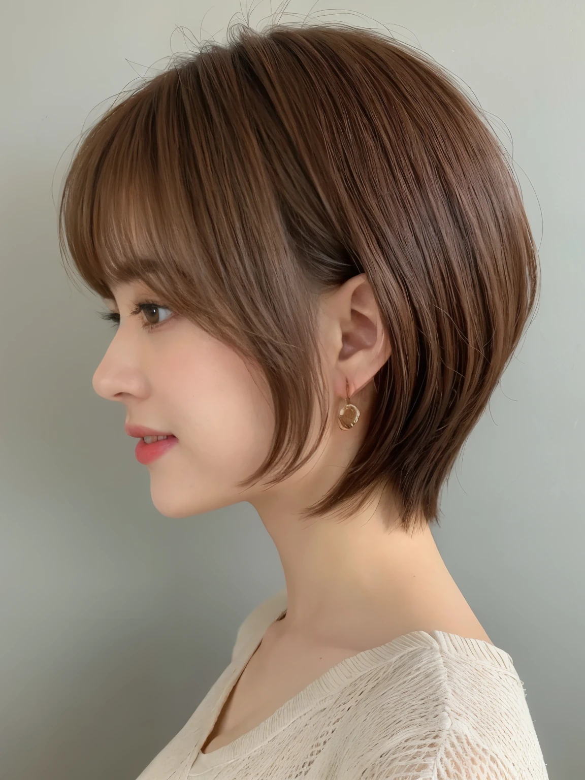 concrete background、(8k、RAW photo、highest quality、masterpiece:1.2)、High-definition RAW color photo、professional photos、(realistic、フォトrealistic:1.37)、Photographed in natural light、1 girl、laughter、(Various poses)、squat、squat、break (ombre:1.3) 、Winter clothes、 necklace、pastel colored clothes、(Beautiful profile:1.3)、don't look at the camera、profile、shortcut、((brown hair)、short hair、Eye color dark brown、(Beautiful profile:1.3)、correct hand of human body、simple earrings