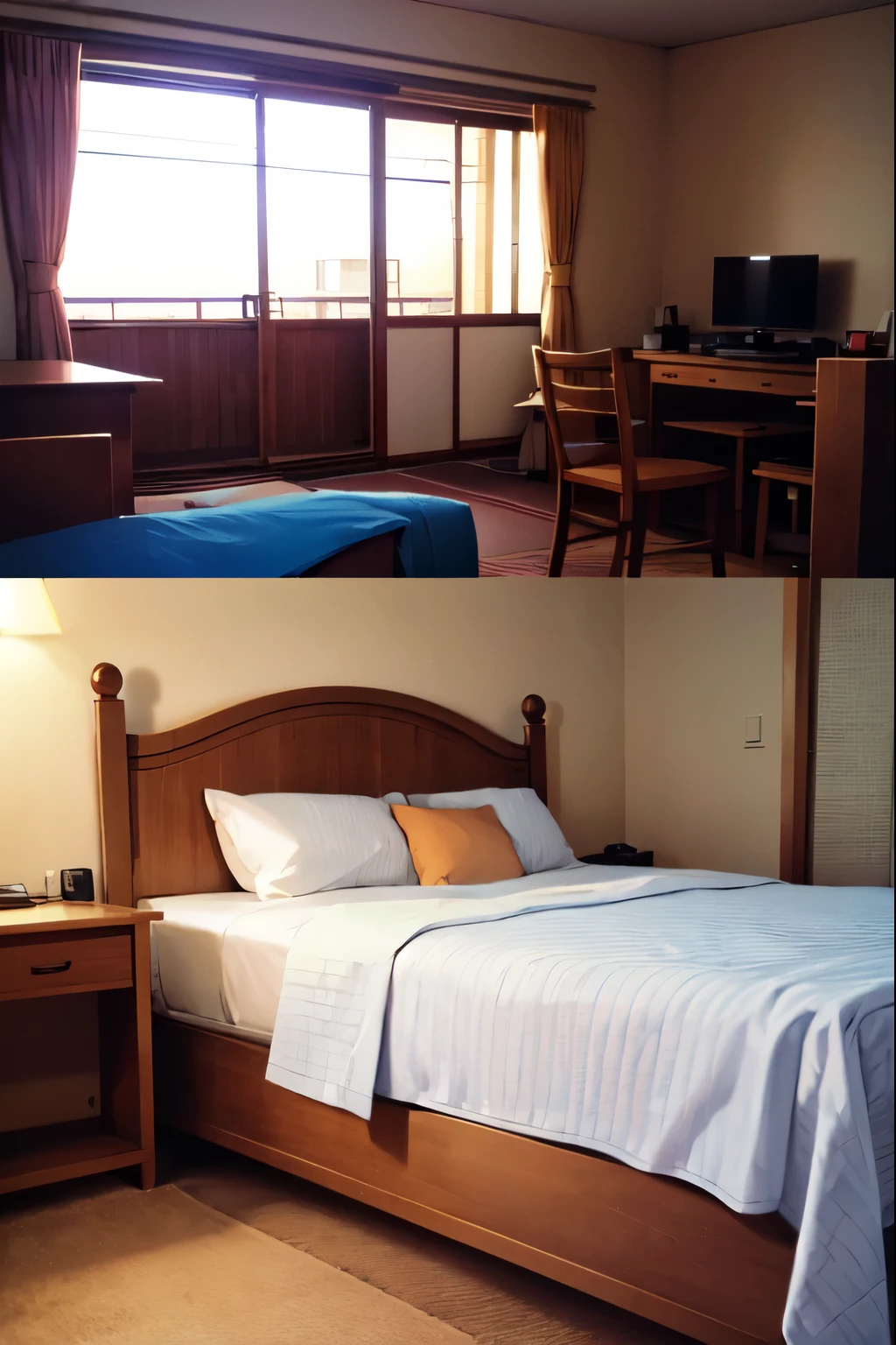 Motel room with double bed night lighting konoha anime image style