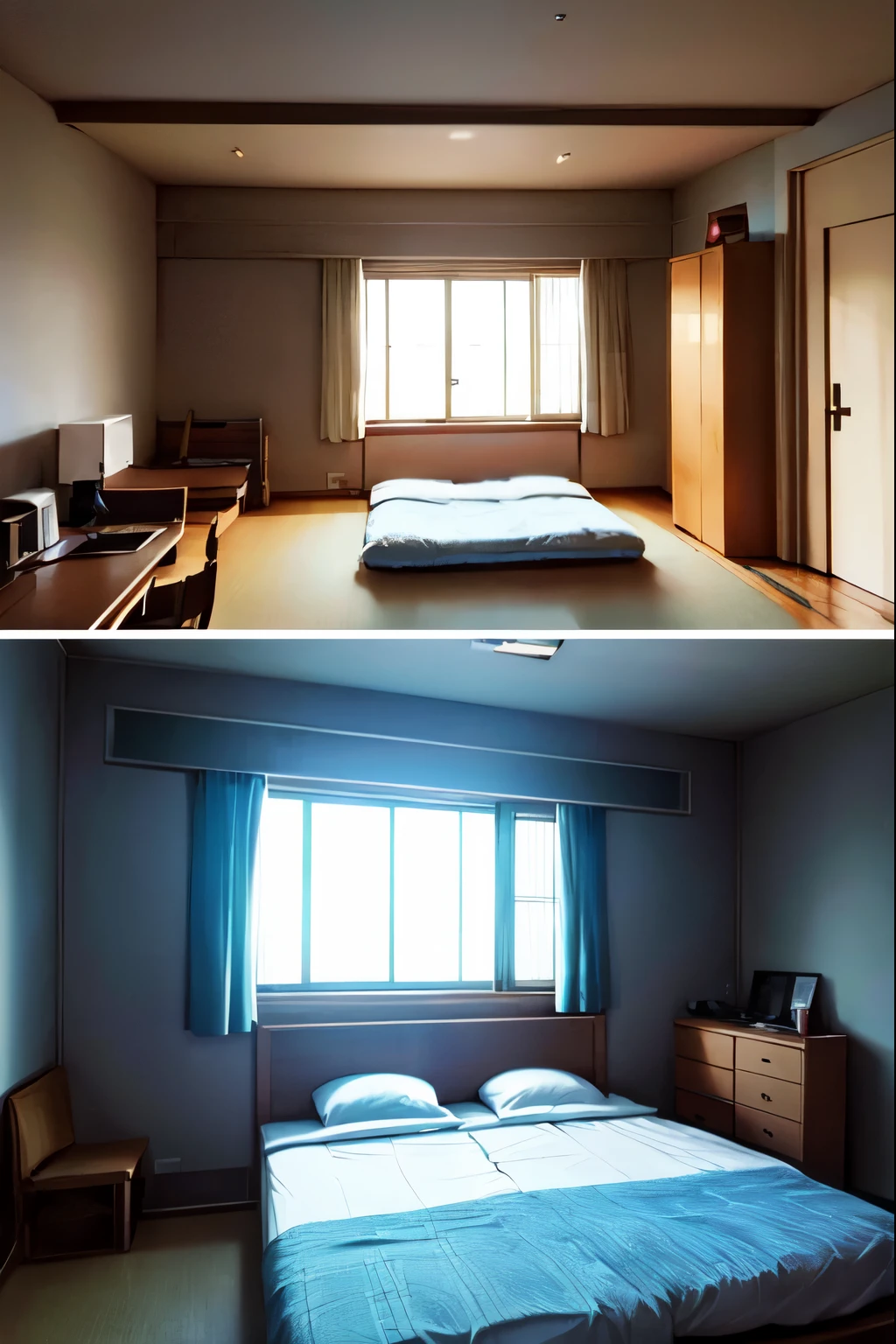 Motel room with double bed night lighting konoha anime image style