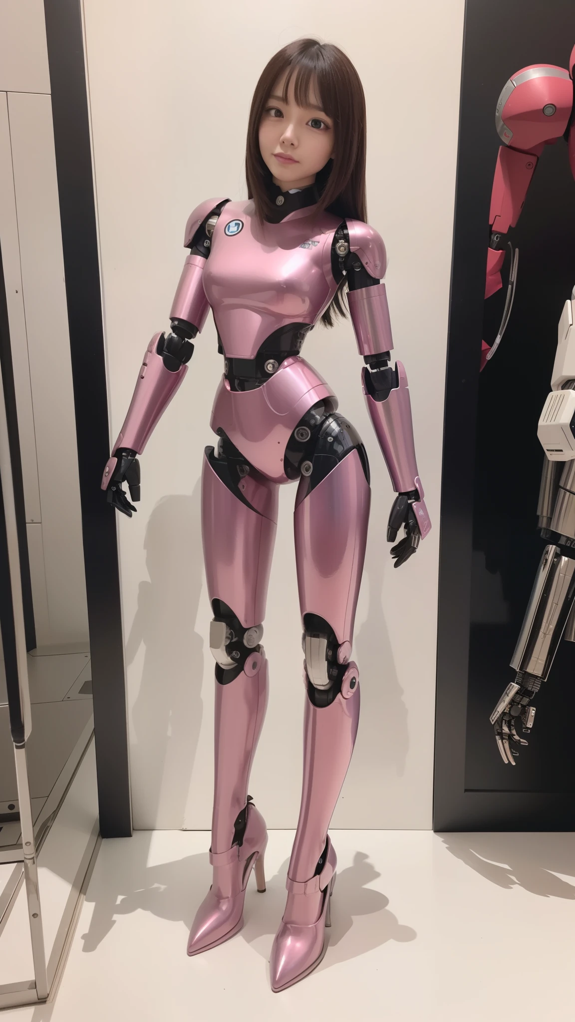 cyborg, pink there, Silver, Metallic body, Robot Parts, Metal Parts, Super Detailed Face, Super well-formed face, of the highest quality, a small face, a small head, full body, Brown hair, Slender body, Camera gaze, Internal Mechanical Exposure, Idol, Well-proportioned body, gravure, Photo session, Akihabara, Moe Pose, Standing with legs open, Model body type, sad, Embarrassing,(Perfect Robot Girl),(Perfect machine body)