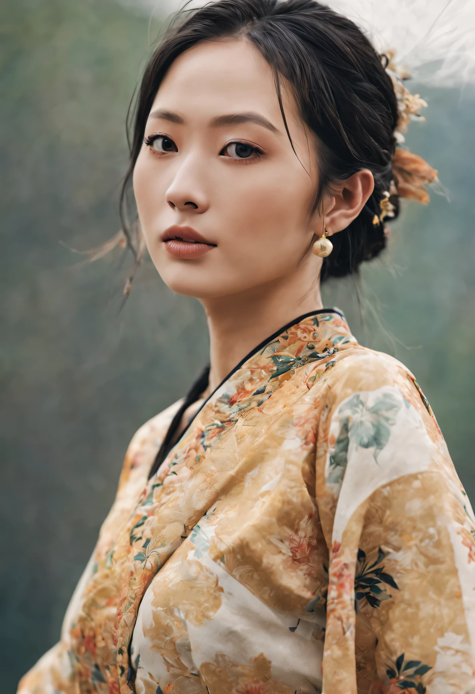 xxmixgirl, a japanese woman taking a selfie mountain, high detailed face, ancient clothes, sexy, beautiful face, protrait