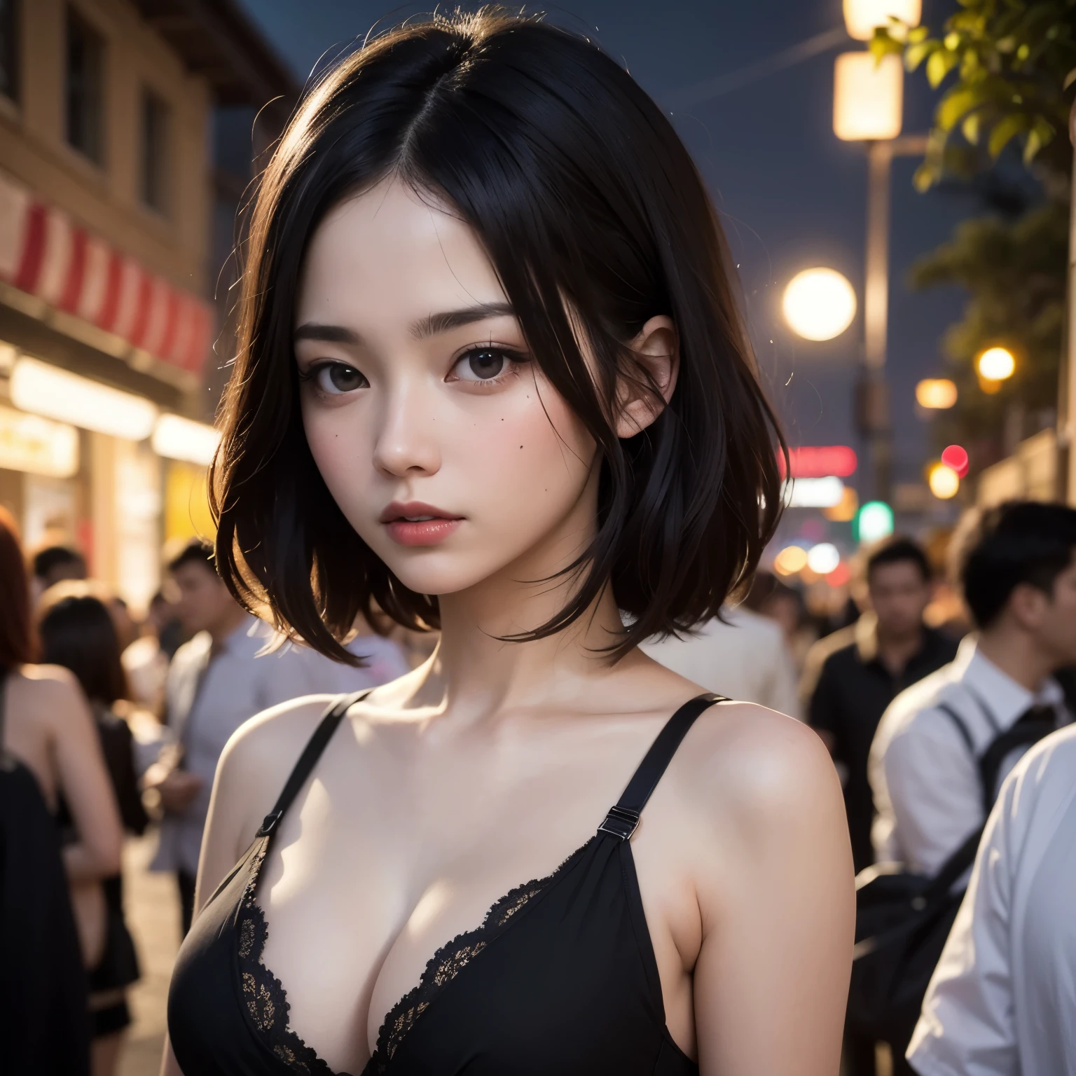 photography of a 20yo woman, perfect face, masterpiece, bra, underwear, black_bra, jacket, black_panties, masterpiece, best quality, miranda, (halfbody shot,street lamps,moon),Masterpiece, 1girl, solo exhibition, beautiful woman on the bustling street, surrounded by hawkers, beautiful goddess girl portrait, beautiful and detailed face, porcelain skin, (((bust shot, center, night, black hair, short hair)), super soft lighting, symmetry, complexity, elegance, high detail, realism, art, concept art,